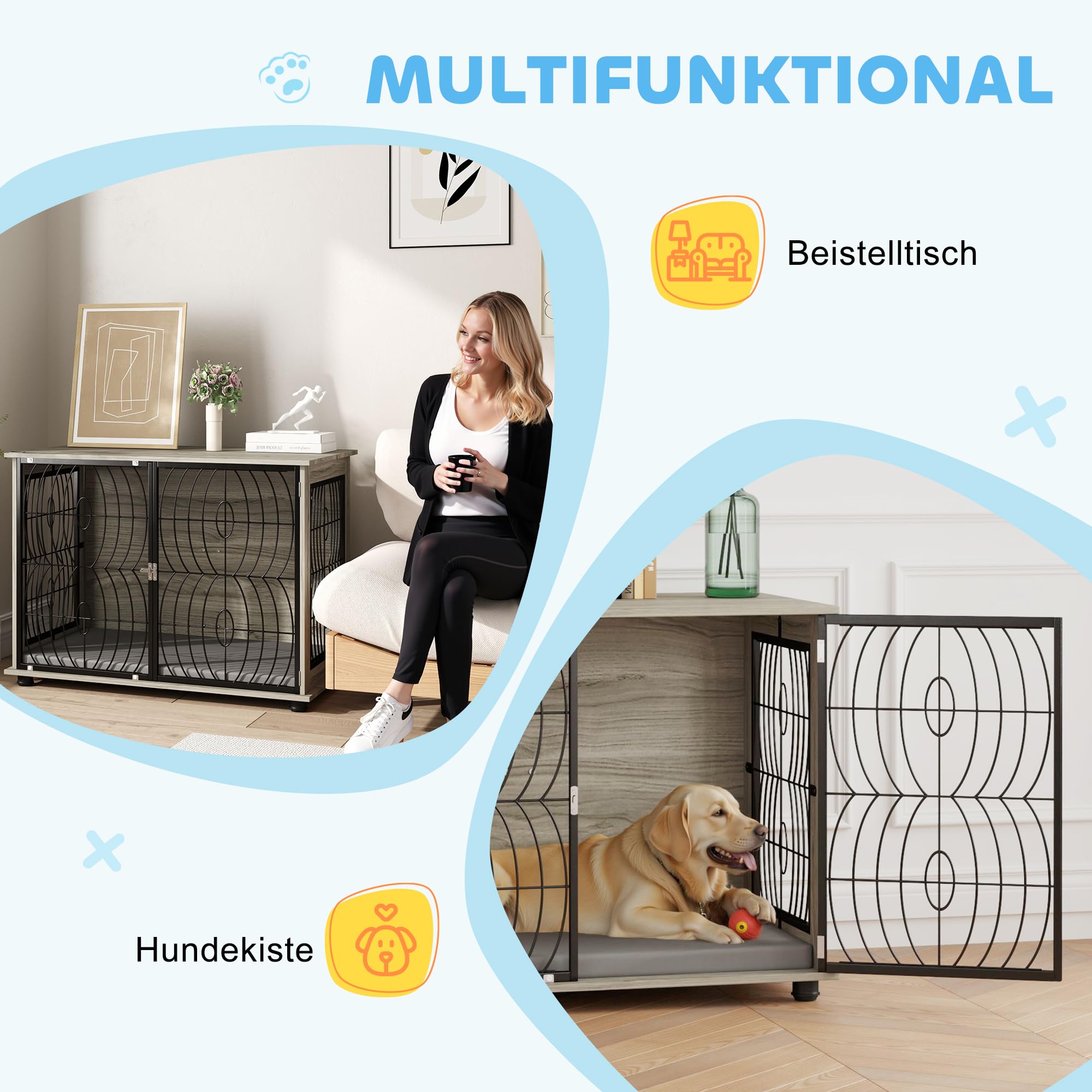 PawHut Hundekäfig Möbel 100cm Hundebox für Zuhause 100 x 60 x 73,5 cm Grau | Moderne Hundehütte, mit Kissen, Fenster, Abschließbar Hundehaus, für Große Hunde bis zu 30kg