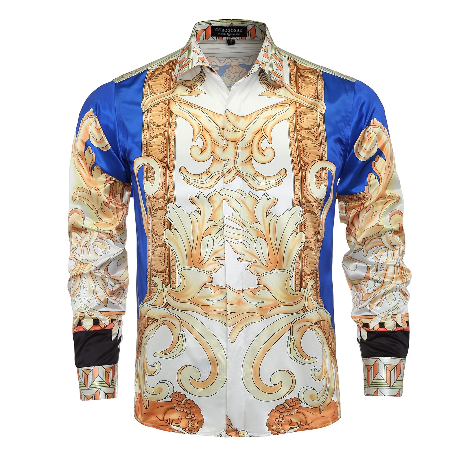 GSBOGOSSELuxury Brand Long Sleeve Mens Casual Button Down Fashion Printed Silk Like Satin Dress Shirt for Nightclub Prom Party