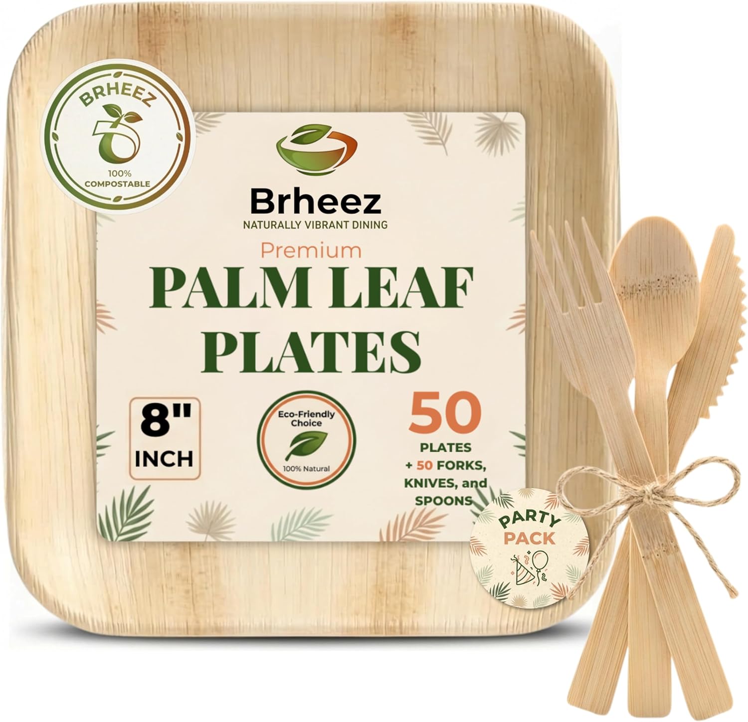 Brheeze Bamboo Plates & Cutlery: 50 Plates (8in), 50 Forks, 50 Knives, 50 Spoons | Biodegradable Palm Leaf Disposable Dinnerware | Eco Compostable Wooden Plate Plastic Alternative for Parties