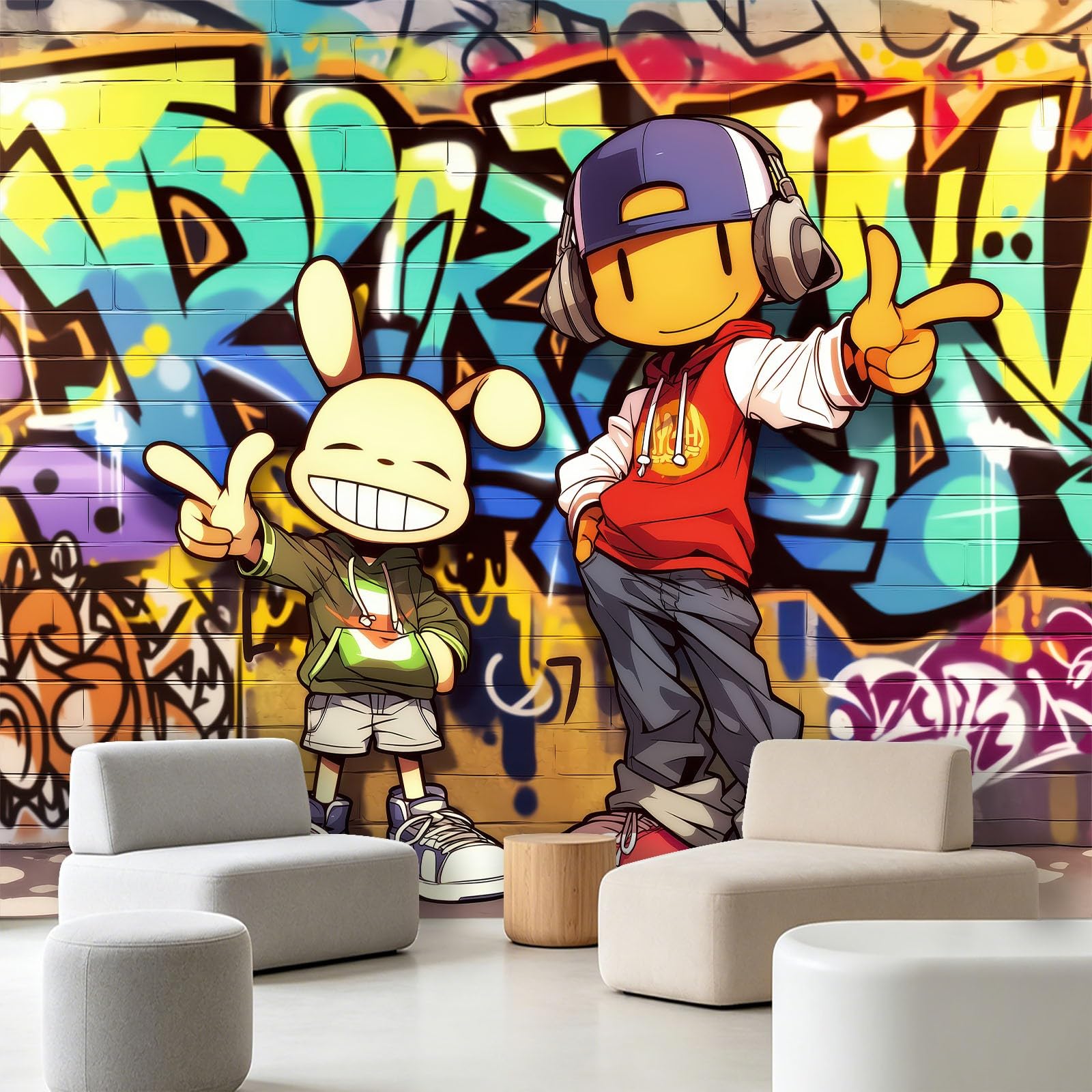 Générique Panoramiczna tapeta uliczna sztuka amerykańska kreskówka graffiti 350 x 256 cm ogromny plakat ścienny niestandardowy do salonu, sypialni, pokoju dziecięcego - Hip-hop lalki litery ściana