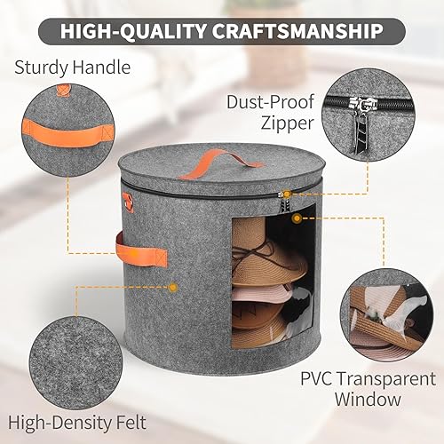 Miniatura 6 de kushon Oversized Hat Storage Box for Women & Men19" D x 17" H Cowboy Hat Boxes with 1 Wood Hook Felt travel Round Hat Organizer Box with Dustproof