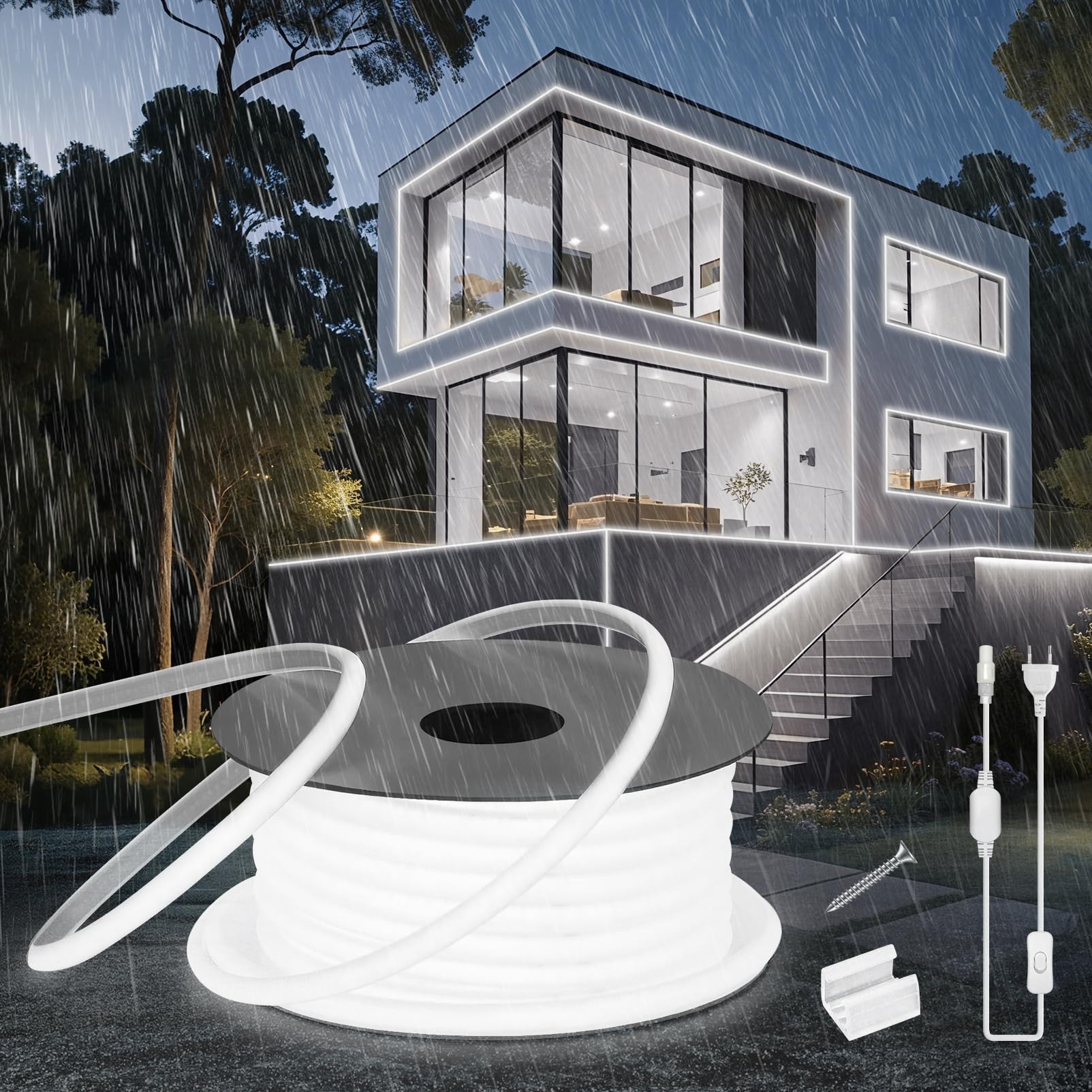 Neon Bandeau Led Exterieur 10m Silicone COB Néon Ruban LED 220V Exterieur Etanche Ignifuger IP65 Bande LEDs DIY Flexible Blanc Froid 6000K Découpable Rubans à Leds 120LED/m Avec Alimentation
