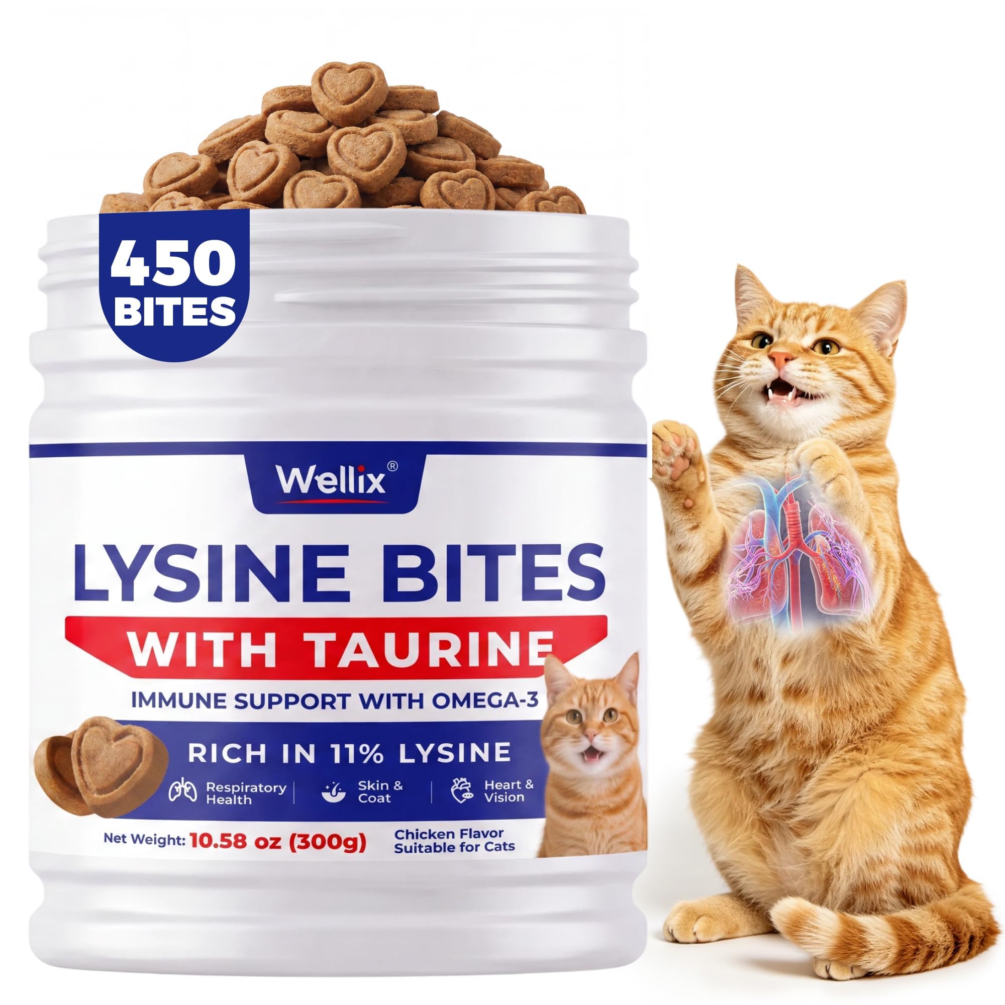 Wellix Cat L-Lysine Supplement - with Taurine, Omega-3 & Colostrum - 300g