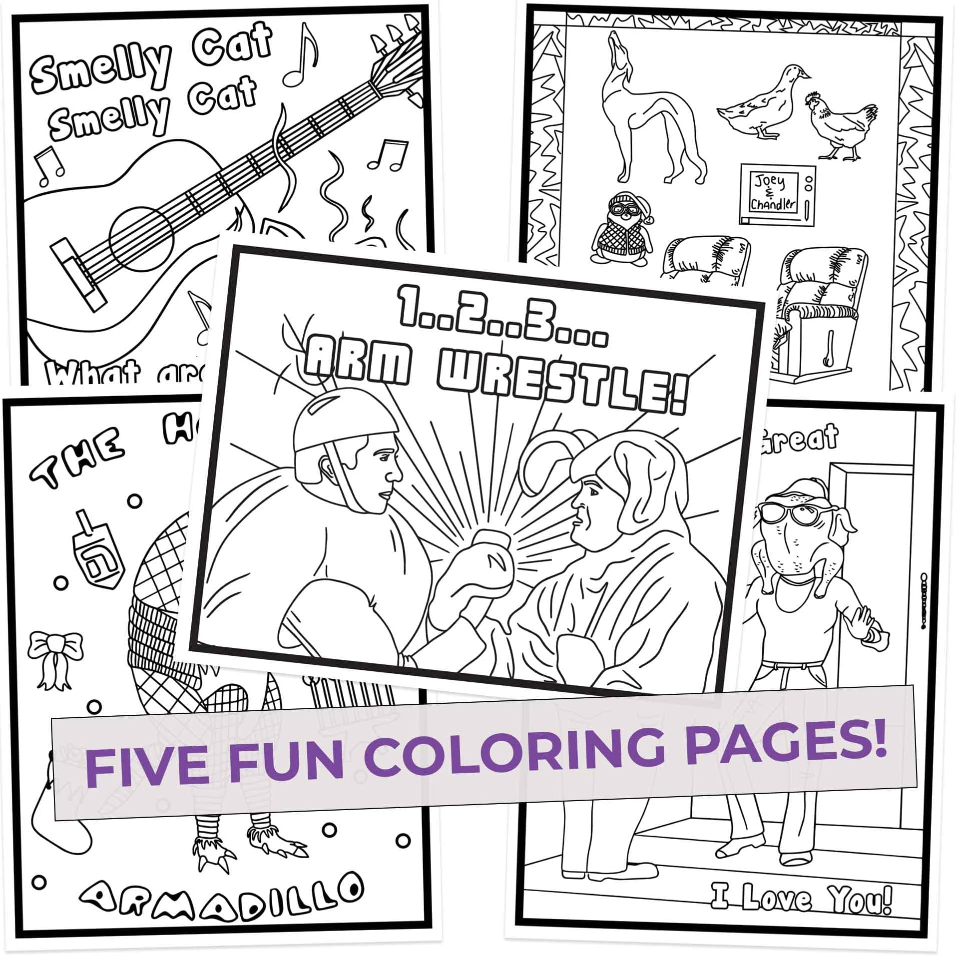 Friends Inspired Coloring Pages - Pack of 5 Different Designs for Coloring, 8.5" x 11", Heavy Cardstock