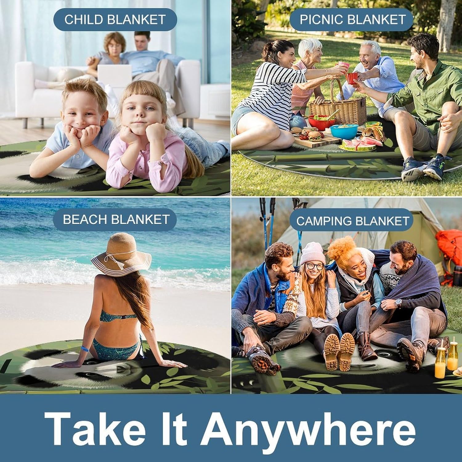 Curious Panda Picnic Mat Lightweight Waterproof Picnic Blankets Extra Large Picnic Outdoor Blankets Foldable Sandproof Beach Blanket for Park Beach Camping Courtyard 58.3''x58.3''