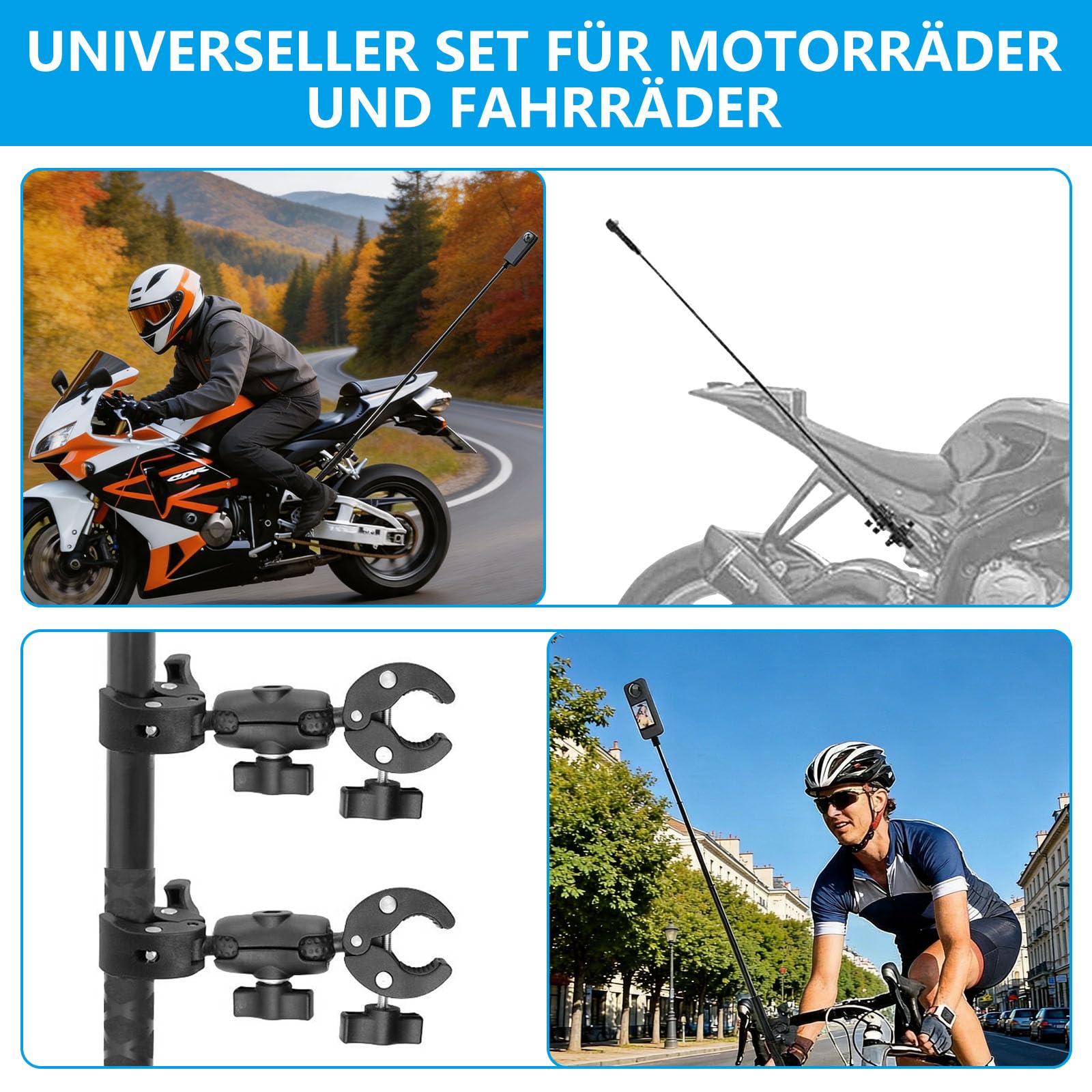 Supporto per fotocamera per moto e bicicletta, 120 cm, selfie stick, doppio morsetto