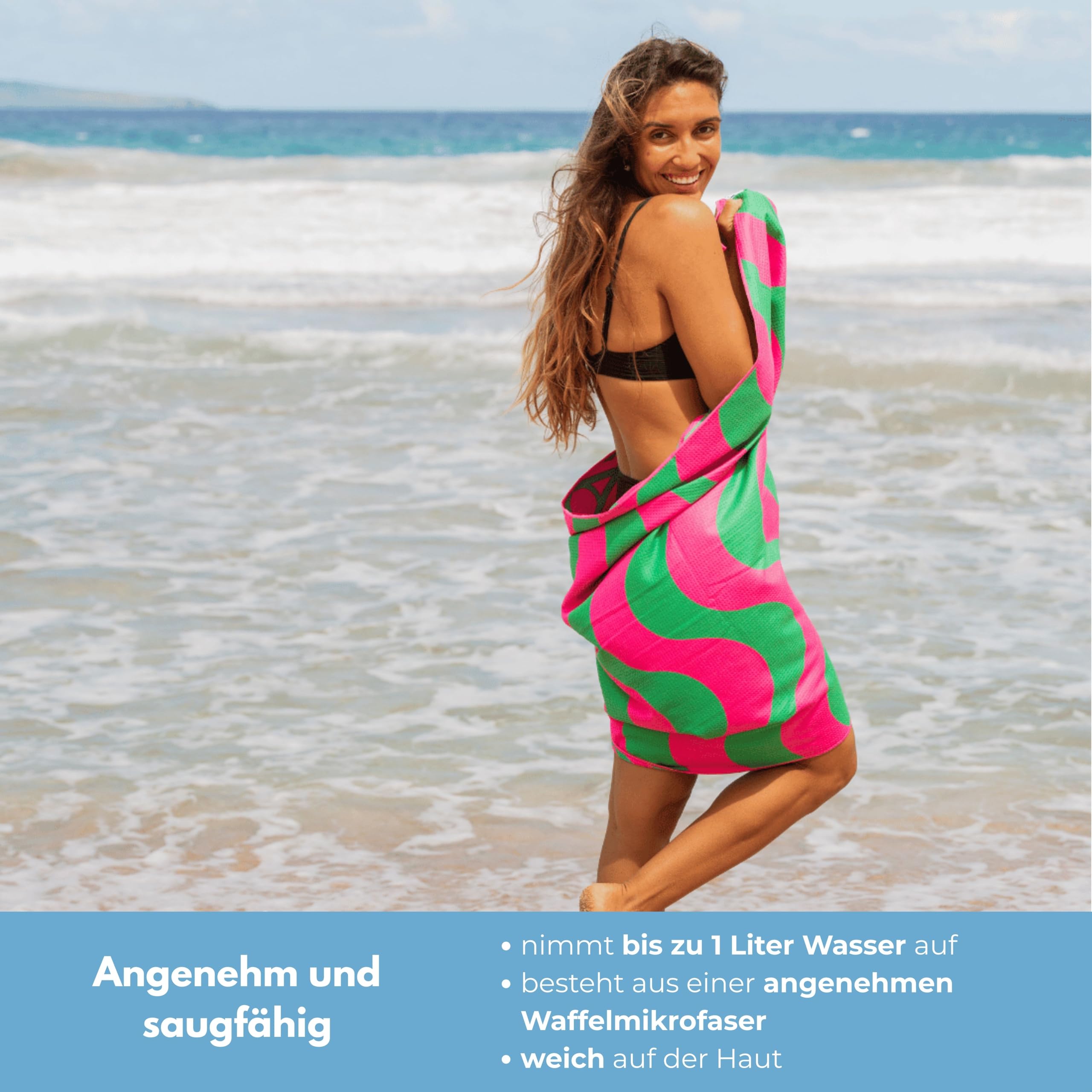 Reisehandtuch Schnelltrocknend & Kompakt 200x90 cm - Mikrofaserhandtuch mit Beutel - Sandfreies Strandtuch aus recyceltem Plastik - Curaçao 02