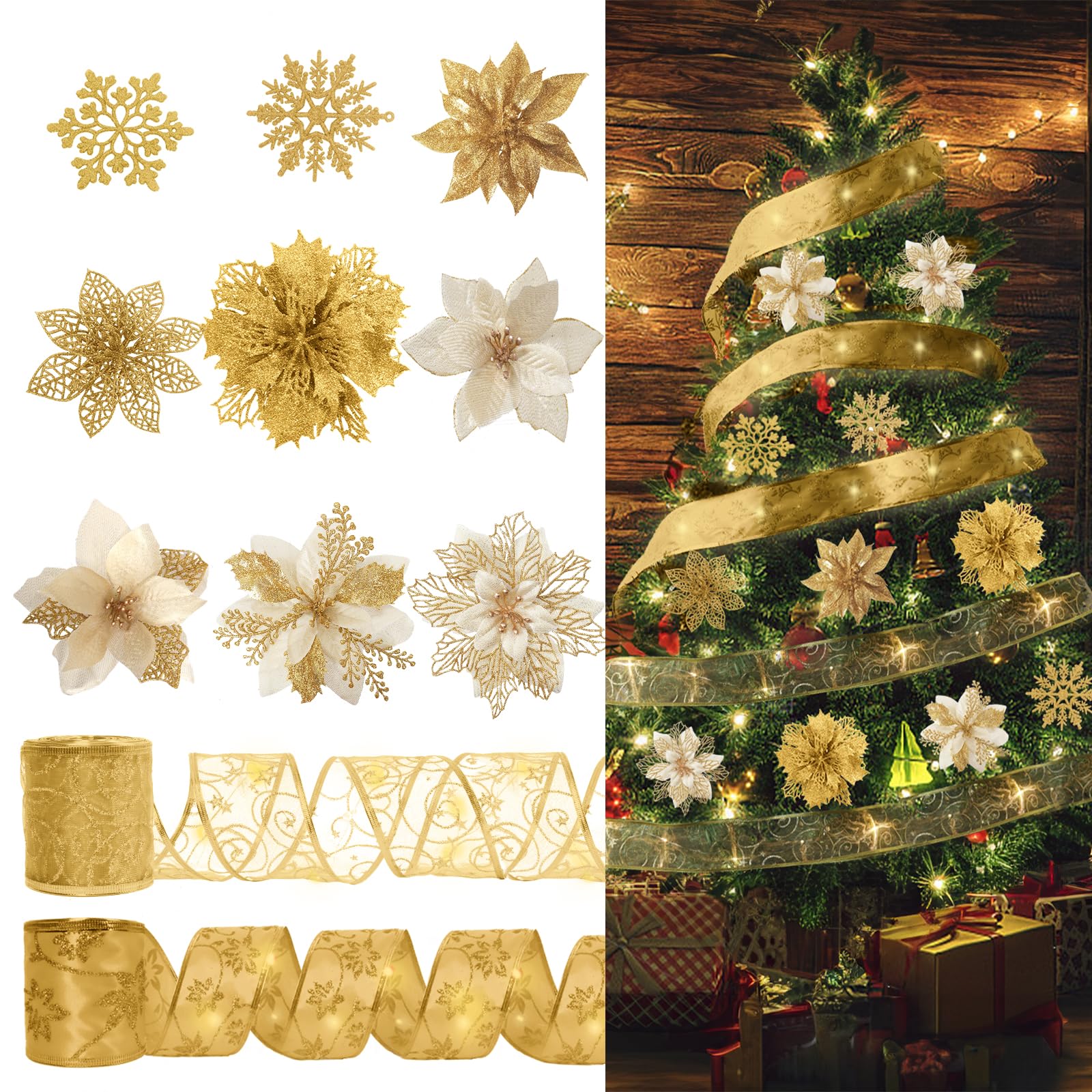 RECUTMS 72 Pcs Gold Poinsettia Flowers with Snowflakes & Ribbon 9 Designs | Glitter Gold Artificial Christmas Flowers for Xmas Tree & Wedding Wreath Garland Home Holliday Indoor Outdoor Decoration