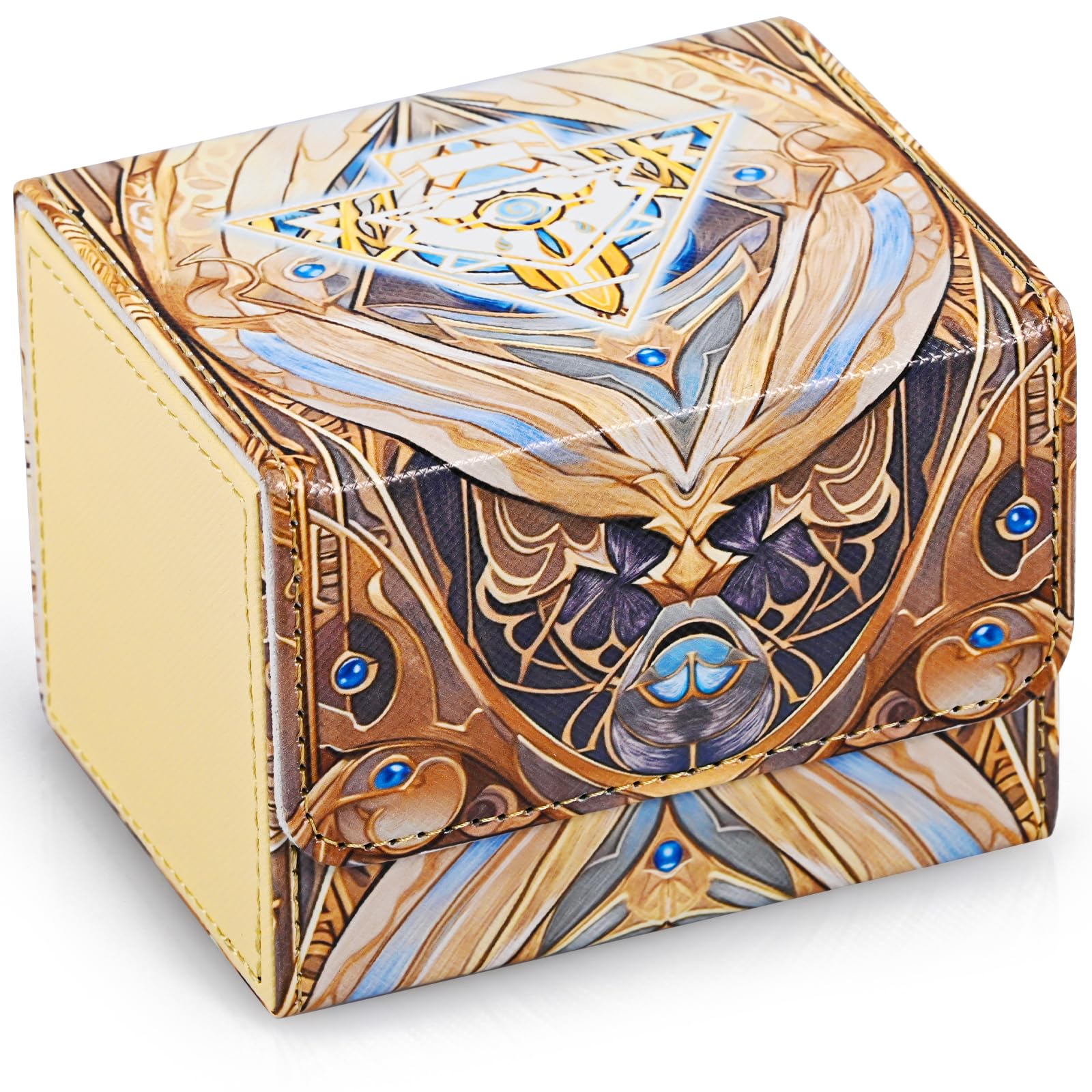 UAONO Deck Box für MTG Karten, Trading Card Aufbewahrungsbox für 120+ gesleevte Commander Decks, PU Leder Kartenbox passend für TCG Magic Karten mit 2 Unterteilunge (Hellgelb, Puzzle)