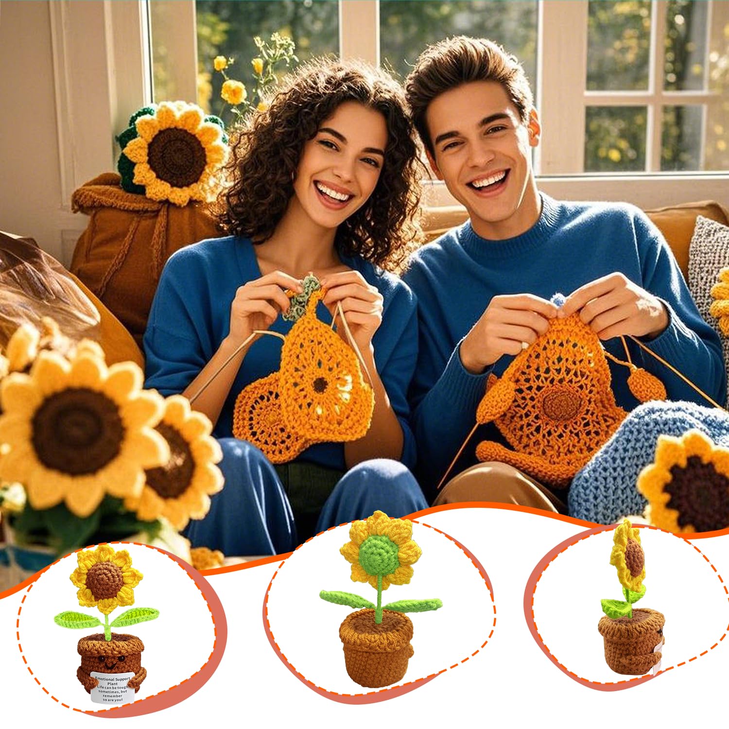FreeSkill Pocket Hug Sunflower – Muñeco De Crochet Con Mensaje Positivo, Regalo Artesanal Para ánimo Y Decoración
