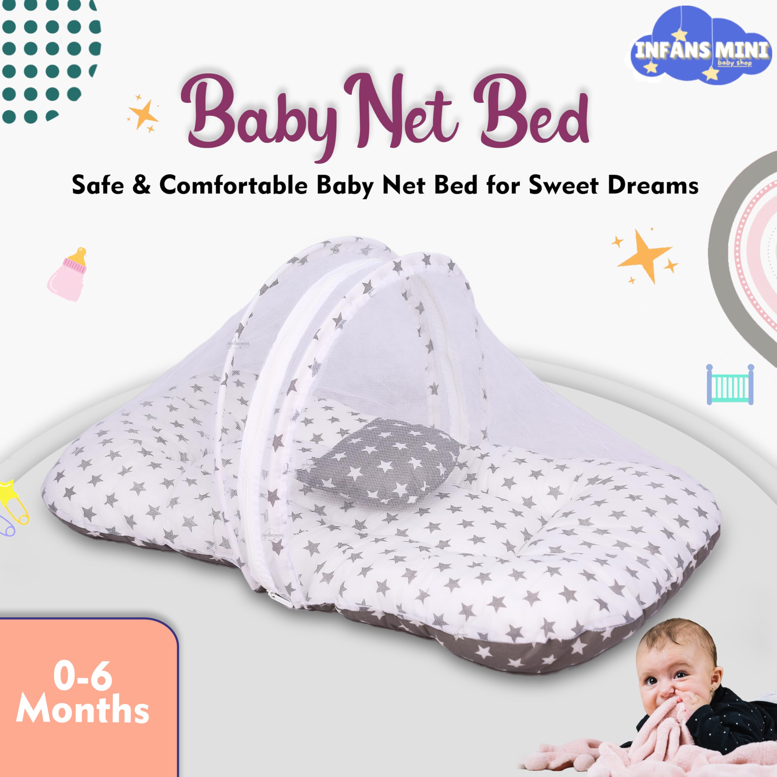 Infans Mini Baby Bed with Mosquito and Insect Protection Net, Portable Mattress with Zip Closure & Pillow Ideal for Babies from 0-6 Months-Unisex (Star Grey) - Image 2 thumbnail