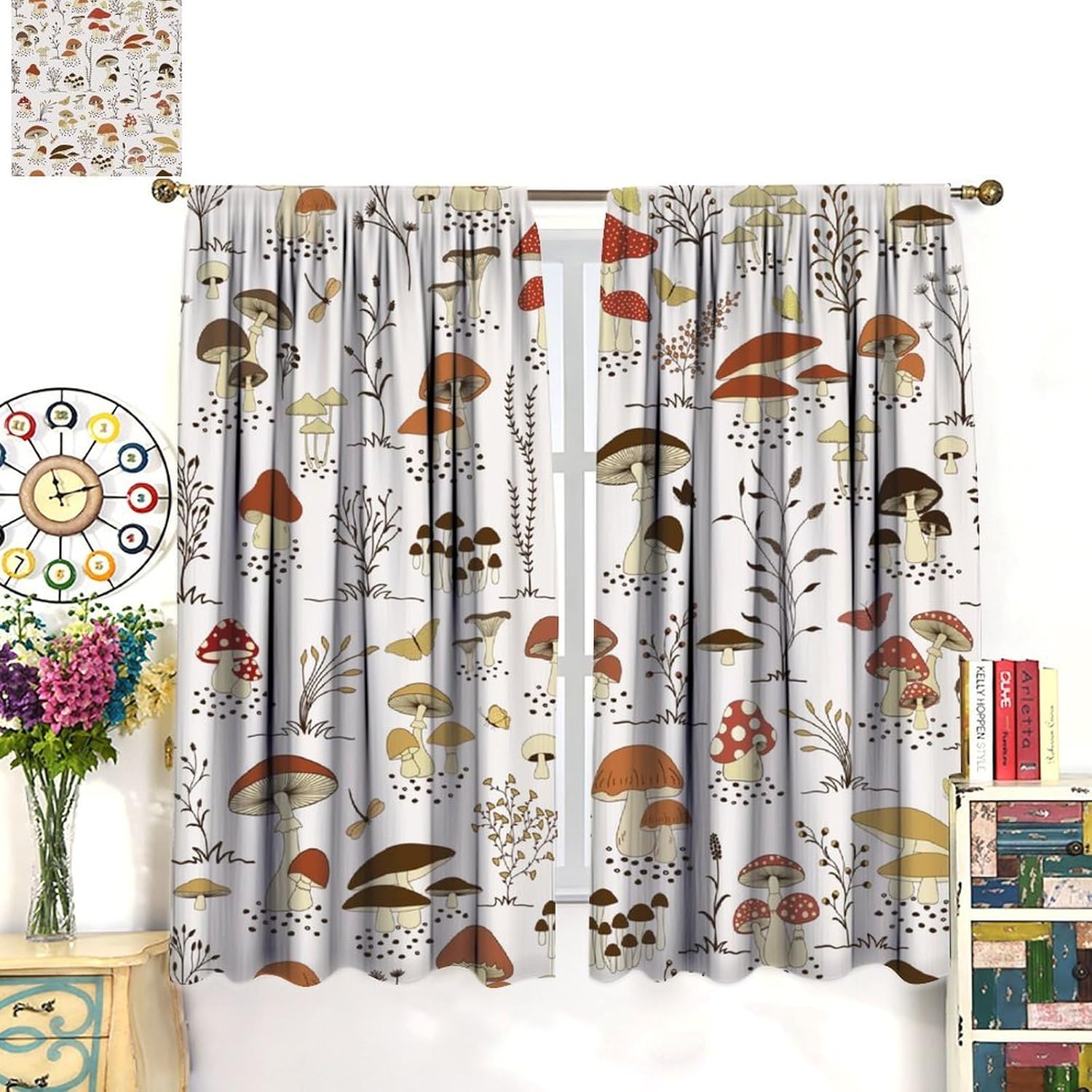 Mushroom Modern Curtains for Kids Girls Bedroom Kitchen Farm Window Treatments Cartoon Cute Plants Watercolor Forest Botanical Herbs Floral Blackout Drapes 2 Panels 42x45 Inch