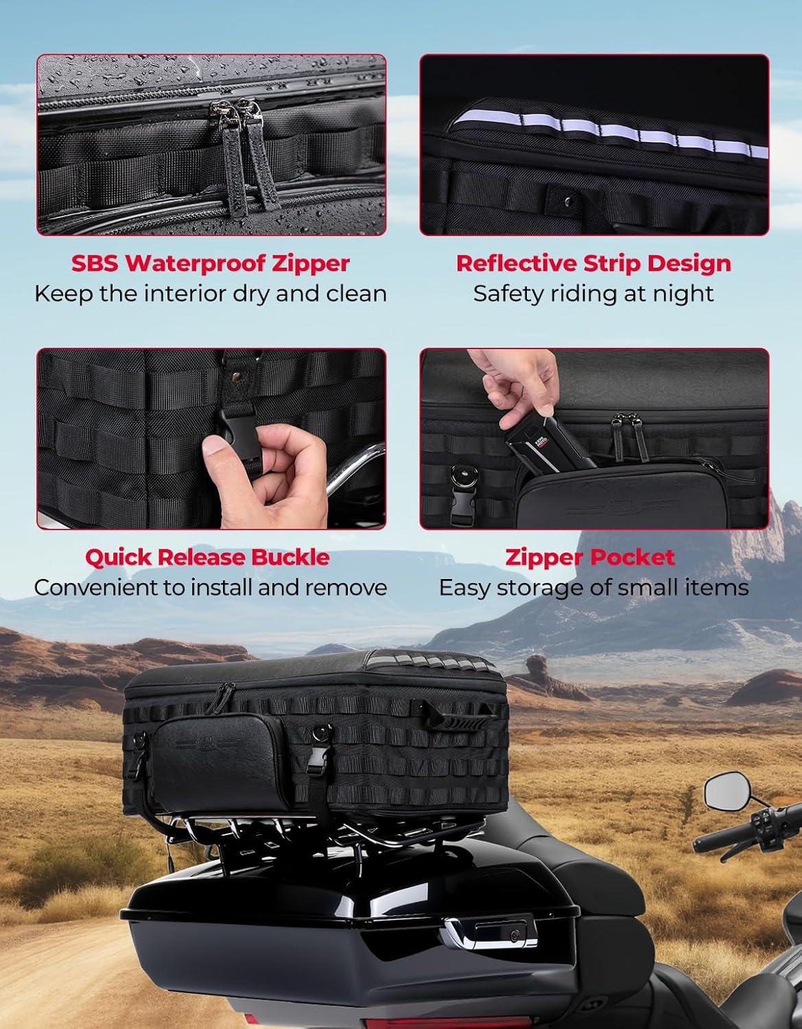 KEMIMOTO Motorcycle Travel Luggage 53L Trunk Rack Tail Bag Helmet Bag Compatible with Touring Trike Models Road King Street Glide Road Glide