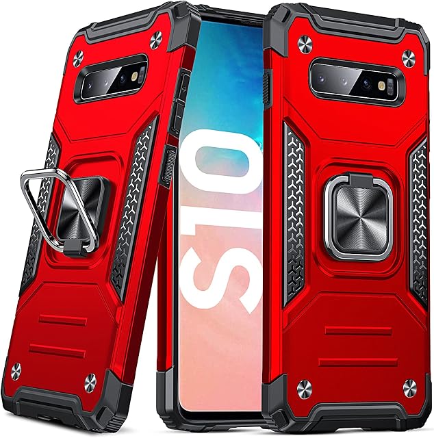 DASFOND Galaxy S10 Case, Military Grade Shockproof Protective Phone Case Cover with Enhanced Metal Ring Kickstand [Support Magnet Mount] Compatible with Samsung Galaxy S10, Red