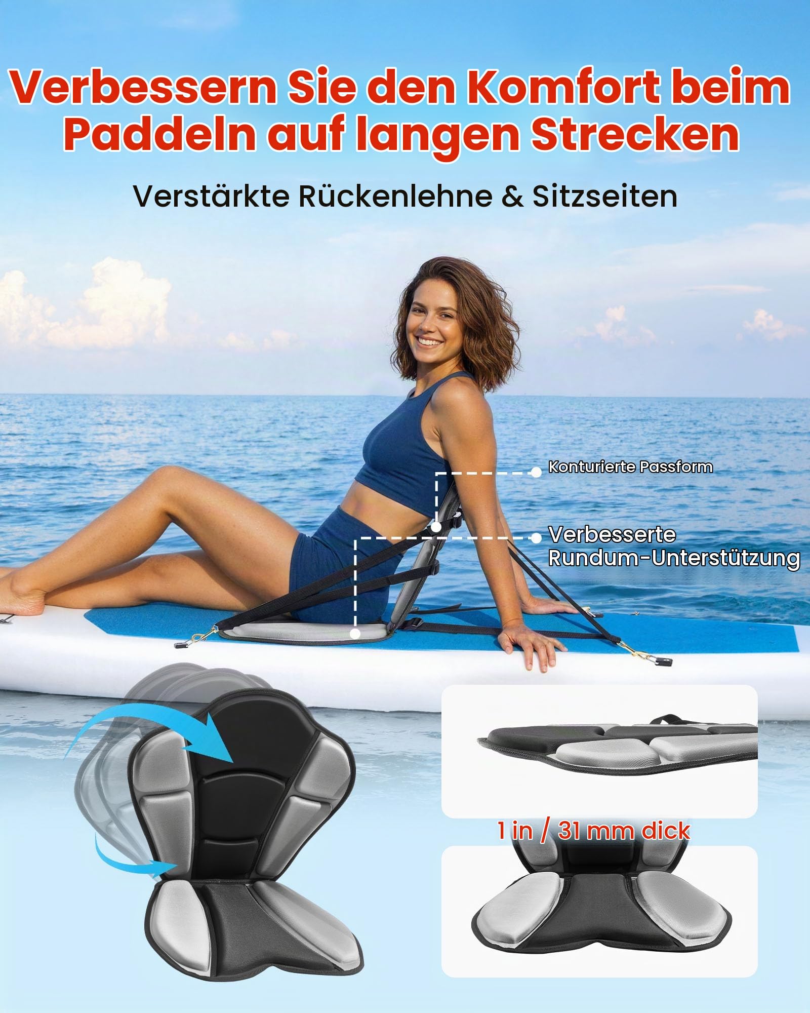 VEVOR 1 x Kajaksitz 31 mm Dicke, Gepolsterter Sitz für Stand-Up-Paddle-Board, Bootssitz mit Rückenlehne & Aufbewahrungstasche & Verstellbaren Gurten für SUP Angelboot Aufblasbares Kajak Ruderboot