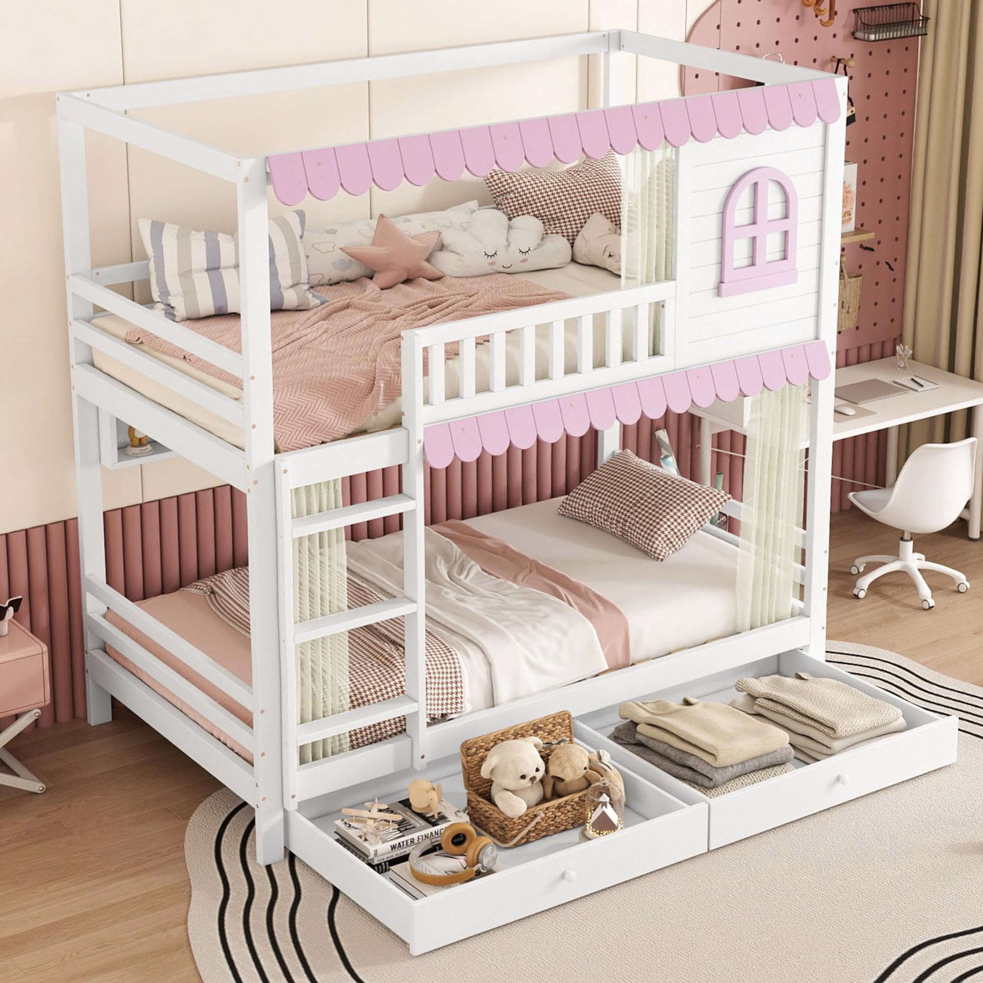 Letto a castello per bambini, 90 x 200 cm, con design a tenda, 2 cassetti grandi e scomparti multipli nel letto, lettino con rete anticaduta e rete a doghe, pino+MDF, bianco+rosa