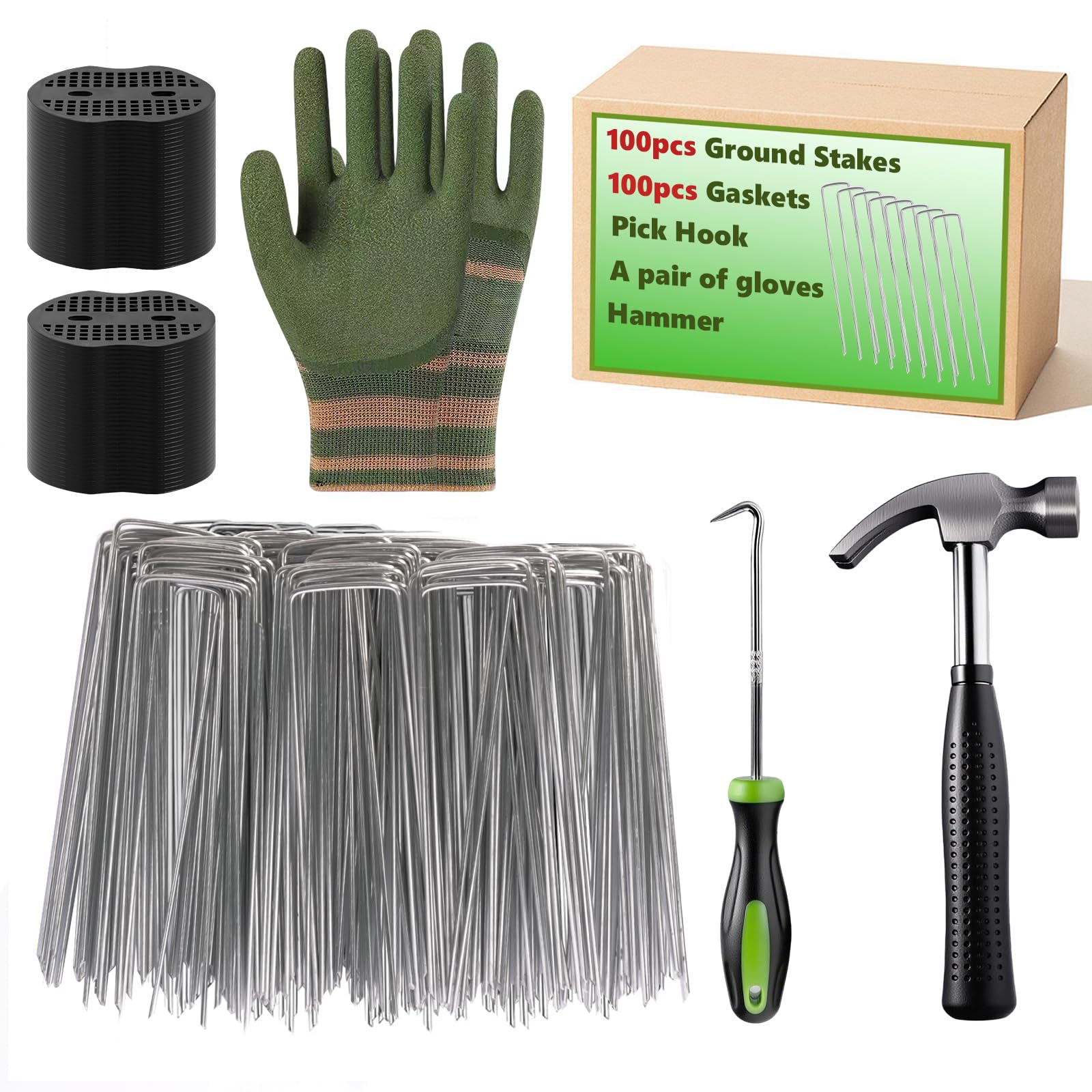 200 Packs Garden Stakes Staples 6 inch 100 Pack 11 Gauge U-Shaped Garden Galvanized Stakes, 100pcs Gaskets with Hammer and Gloves Pair, for Securing Weed Barrier Fabric, Irrigation Tubing
