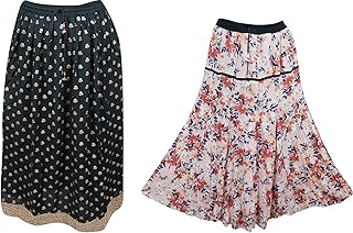 Mogul Interior Women's Maxi Skirt Floral Printed Draw String A-line Boho Long Skirts L Black,Pink