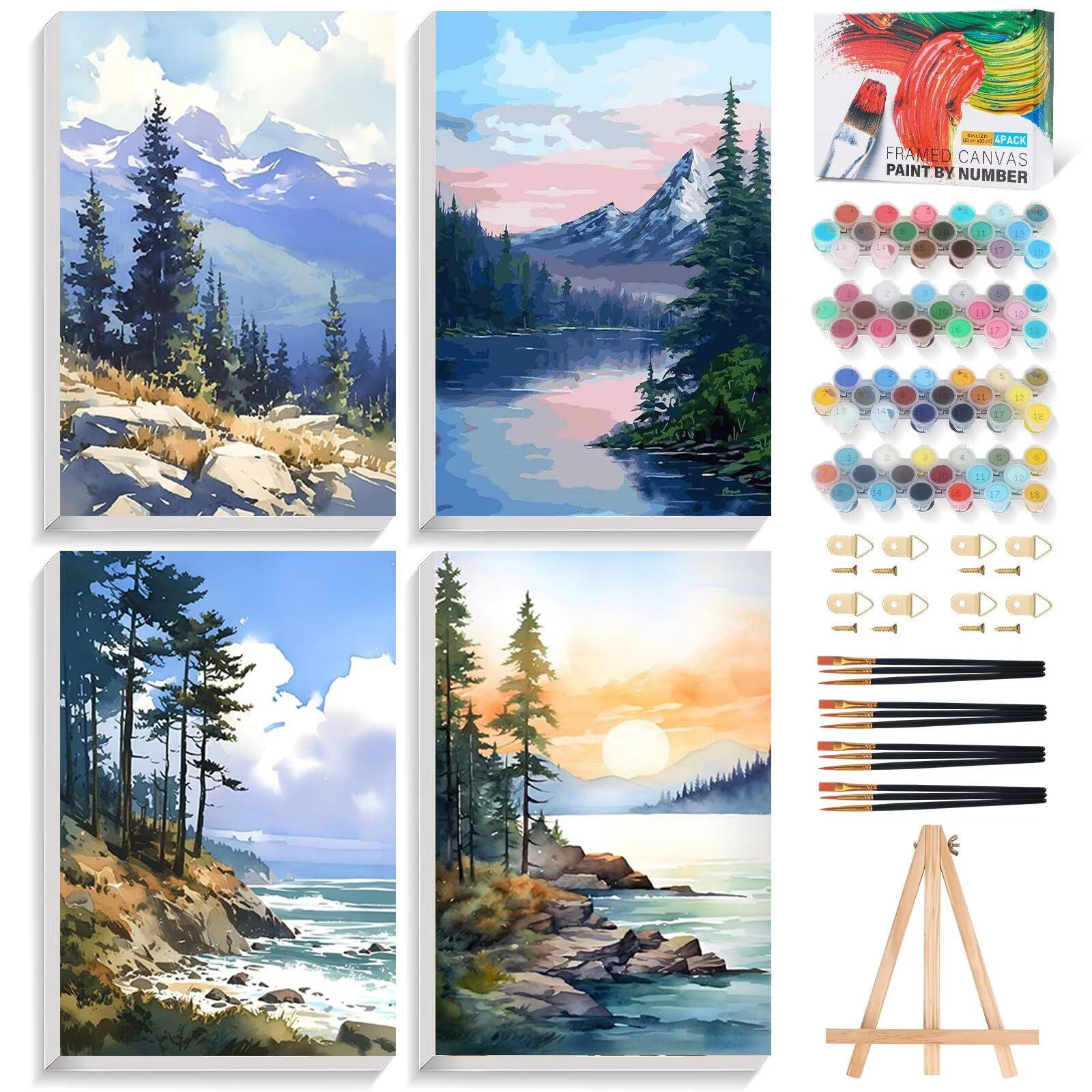 Fountor 4Pf-2030Cm-01 4 Pack Paint By Numbers For Adults With Frame, Mountain Landscape Adult Paint By Number Canvas Kits With Wooden Easel, Diy Acrylic Mountains Painting By Numbers For Home Wall Decor Gift 8X12 Inch