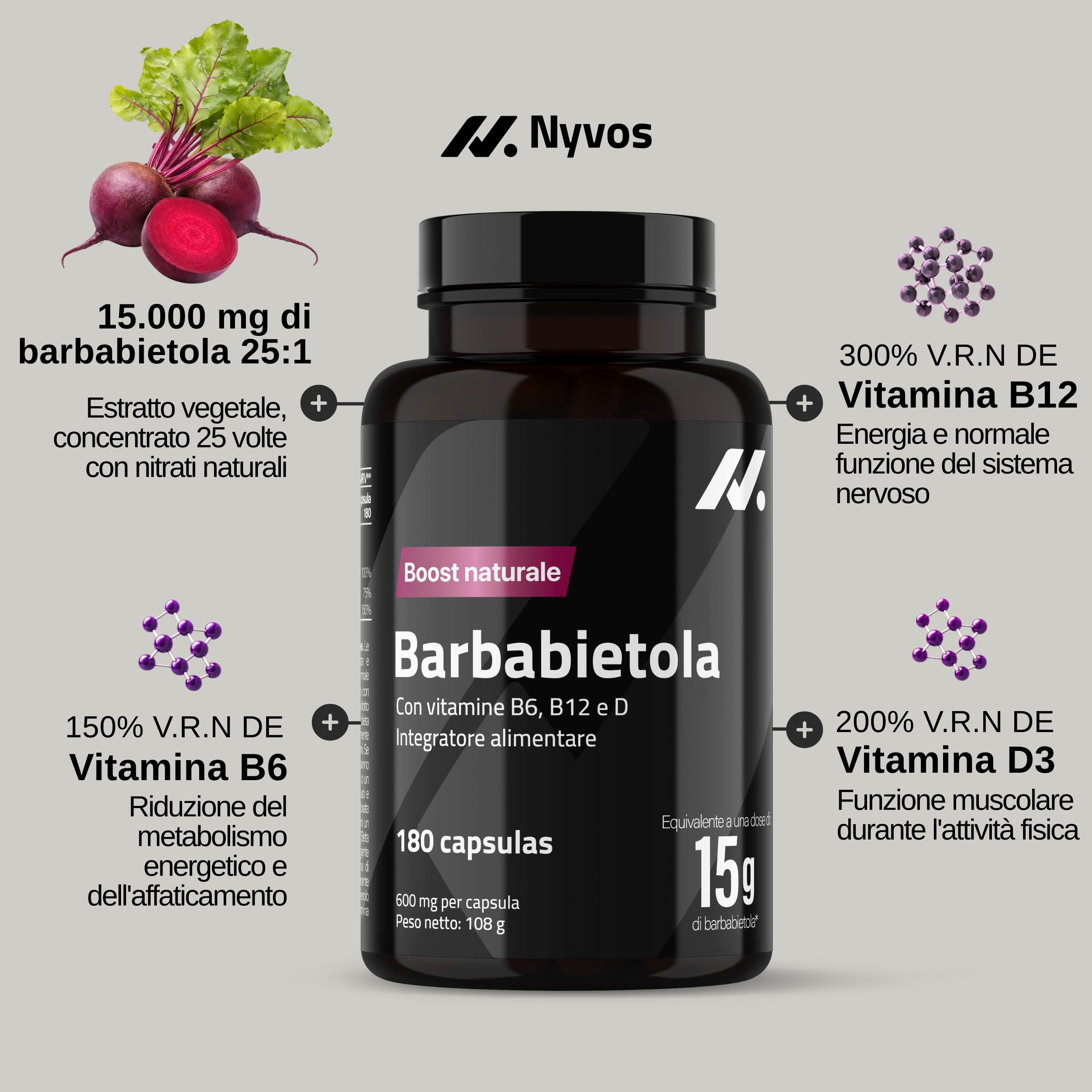 Barbabietola 25:1 – Equivalente a 15.000 mg – Supporto all’Ossido Nitrico – Nitrati Naturali per l’Uso dell’Ossigeno – con Vitamine B6, B12 e D – Energia senza Caffeina – 180 Capsule Vegane