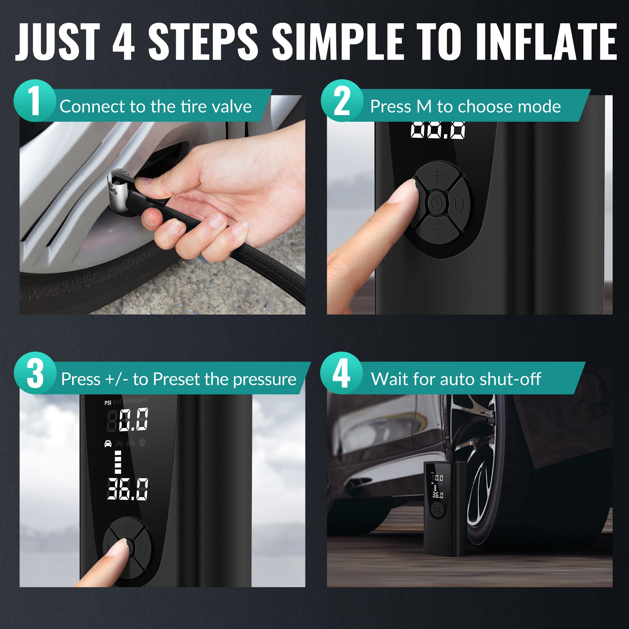 Inflador de neumáticos, compresor de aire portátil, bomba de aire para neumáticos de coche, portátil, 180 PSI, inalámbrico eléctrico, inflado rápido 3 veces, inflador de neumáticos con calibre, LED