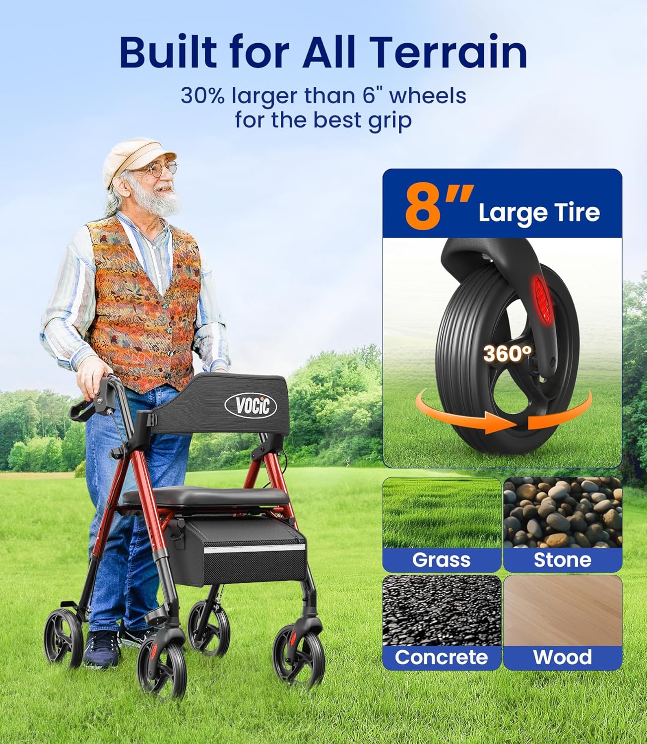 VOCIC Walkers for Seniors, Z21 Rollator Walker with Seat Supports 350lb, 8" Big Wheels for All Terrain, Ergonomic Arc Seat & 6" Ultra Backrest Foldable Walker, Dual Height Adjustment, Lightweight 2025 - Image 4