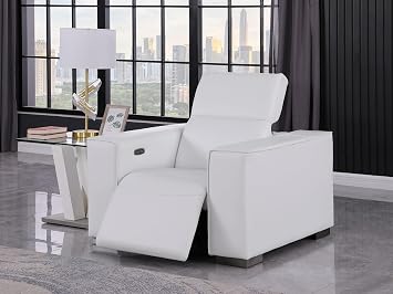 Blackjack Furniture Umbria Genuine Leather Power Recliner Chair with Adjustable Headrest, USB Charging Ports, and Motorized Reclining Seat, Premium Comfort & Modern Design, White