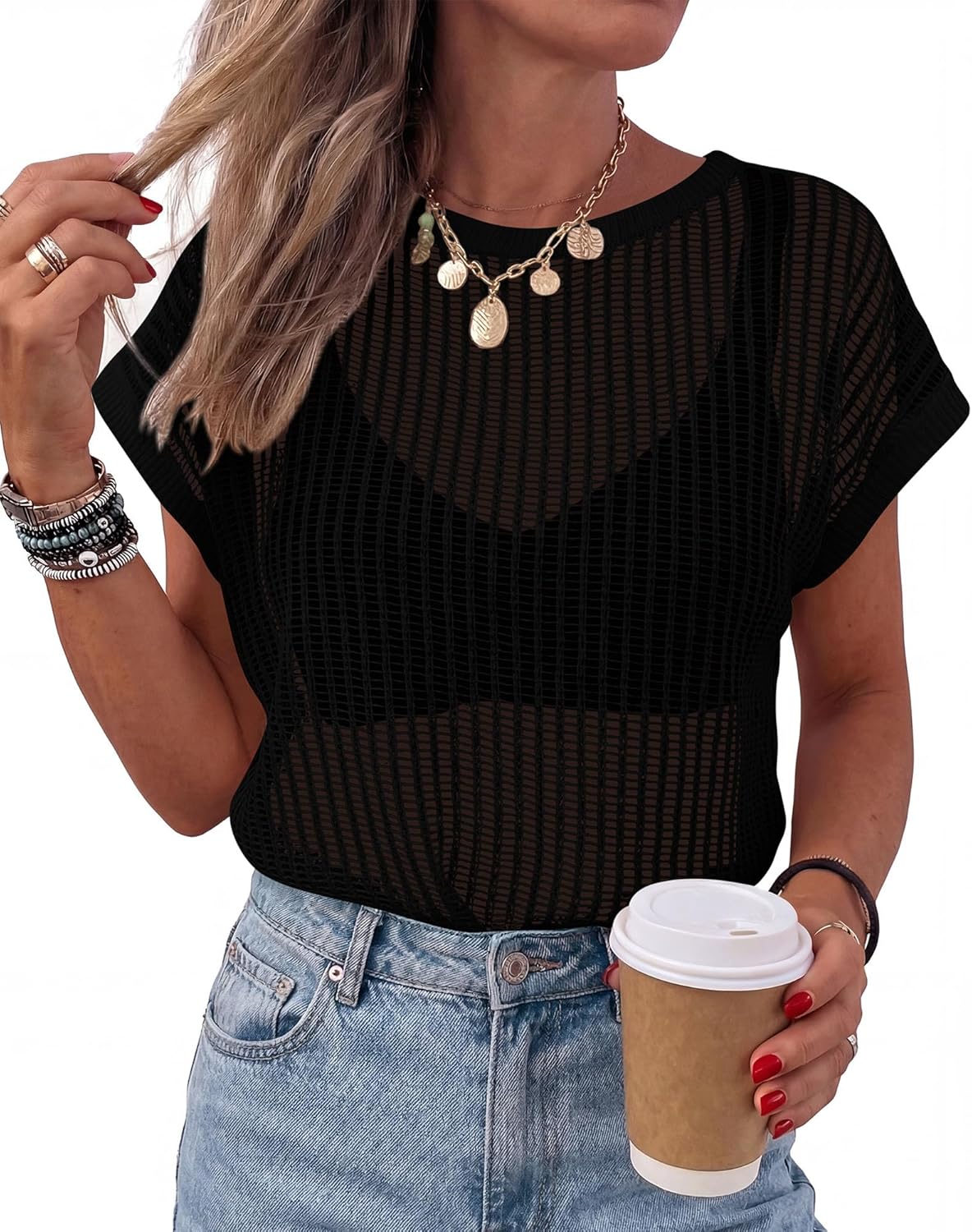 KIRUNDO Beach Cover Ups for Women 2026 Crochet Mesh Top Boho Lightweight Summer Sweater Cruise Resort Wear Vacation Outfits