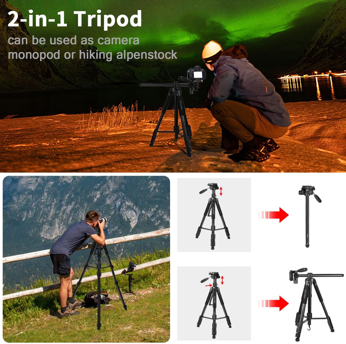 MACTREM 70" Horizontal Camera Tripod, Aluminum Alloy Travel Portable Monopod Tripod for DSLR with Rotatable Center Column(Weight 3.5 Lb, Load 8.82 Lb) : Electronics