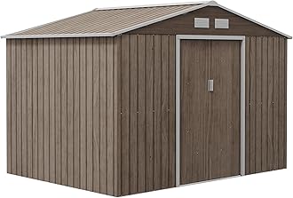 Outsunny 9 x 6ft Metal Garden Shed, Outdoor Storage Tool House with Ventilation Slots, Foundation Kit and Lockable Double Doors, Light Brown