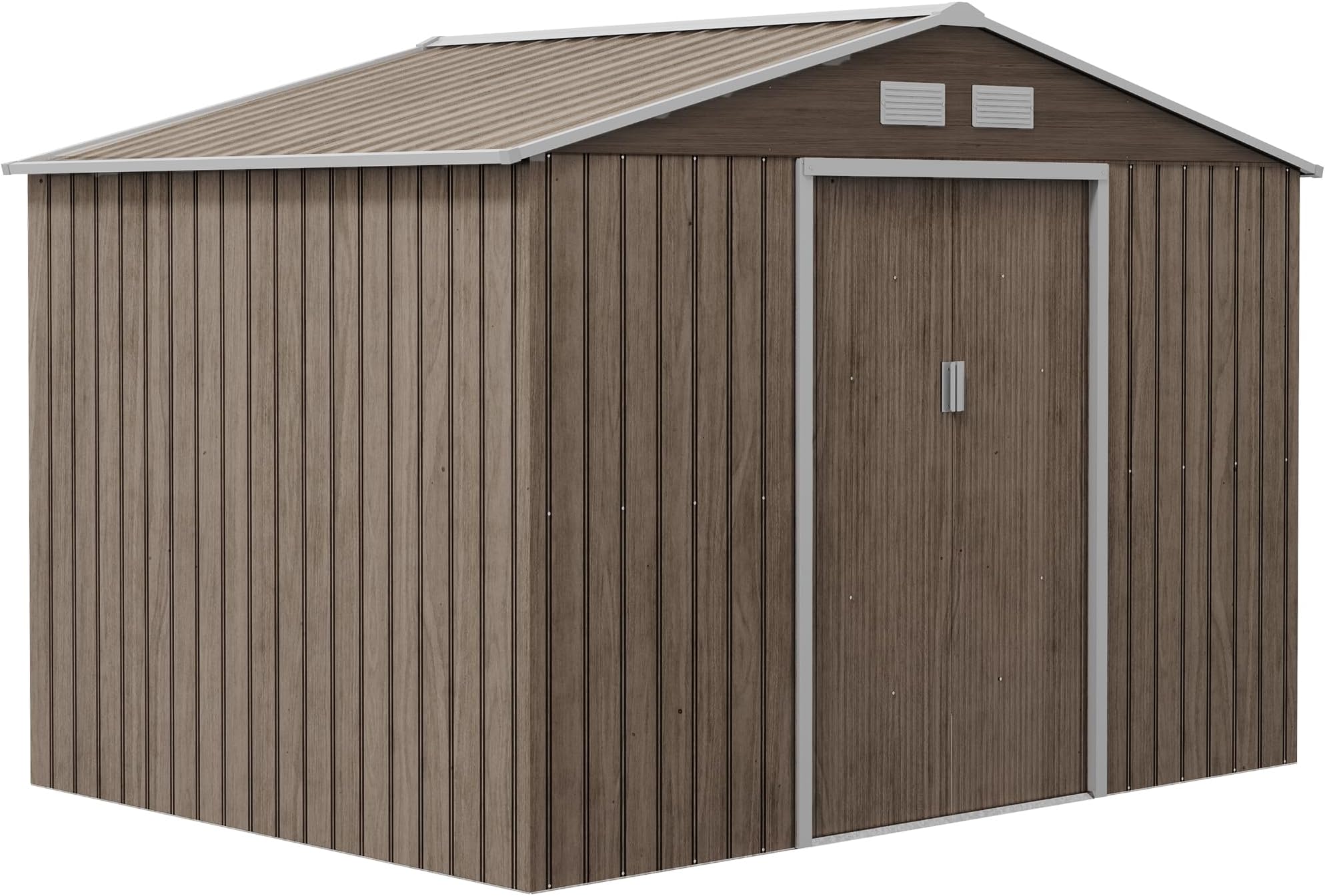 Outsunny 9 x 6ft Metal Garden Shed, Waterproof Outdoor Bike Storage Shed Galvanised with Vents, Foundation Kit, Apex Roof and Lockable Double Doors for Patio Lawn, Light Brown