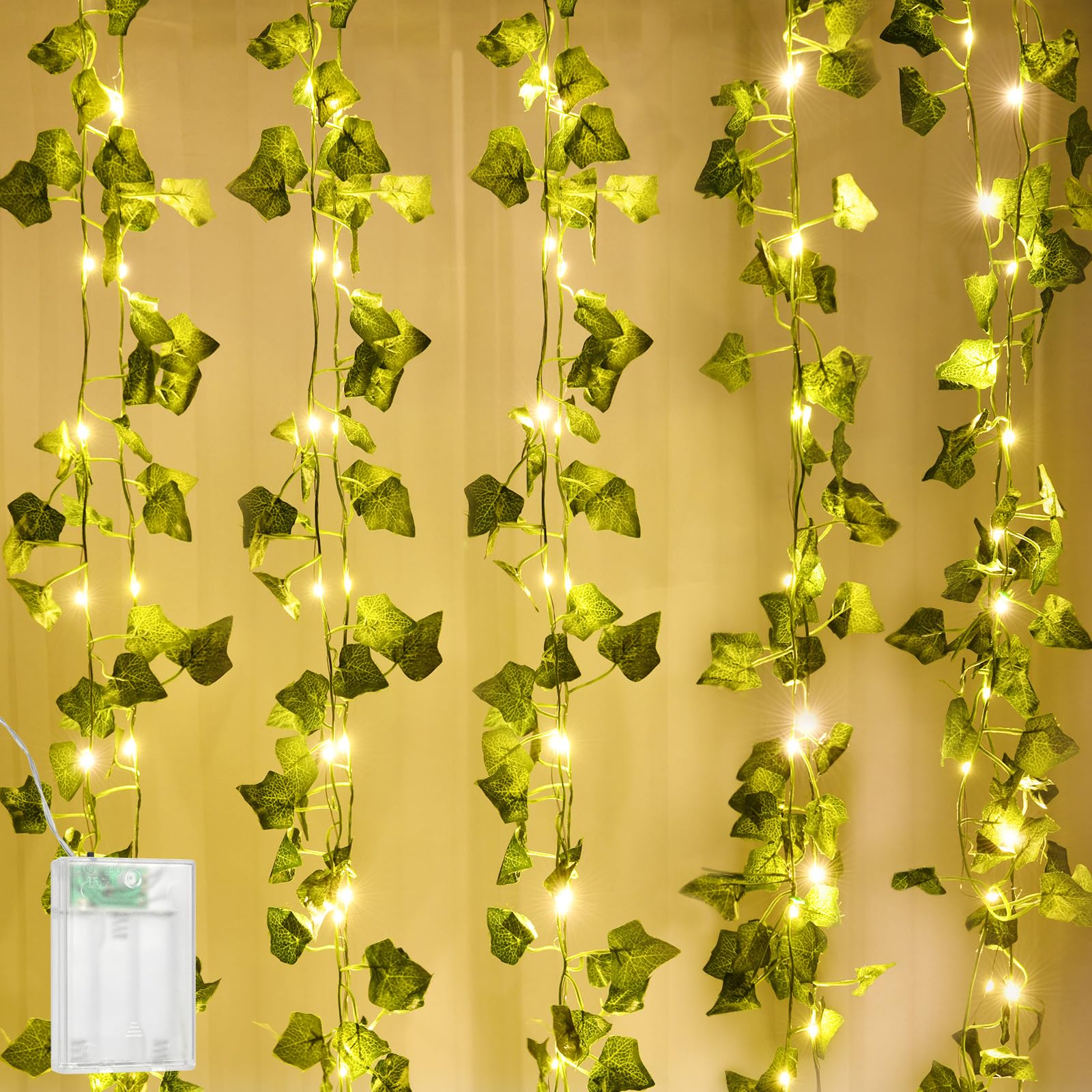 AUAUY 5M 50LED Guirnaldas Luces Exterior, Funciona con Pilas Cadena de Hiedra Luces Decoracion Jardin, Enredaderas Artificiales Decorativas con Luces, Girnalda de Luces Exteriores-Ininterior