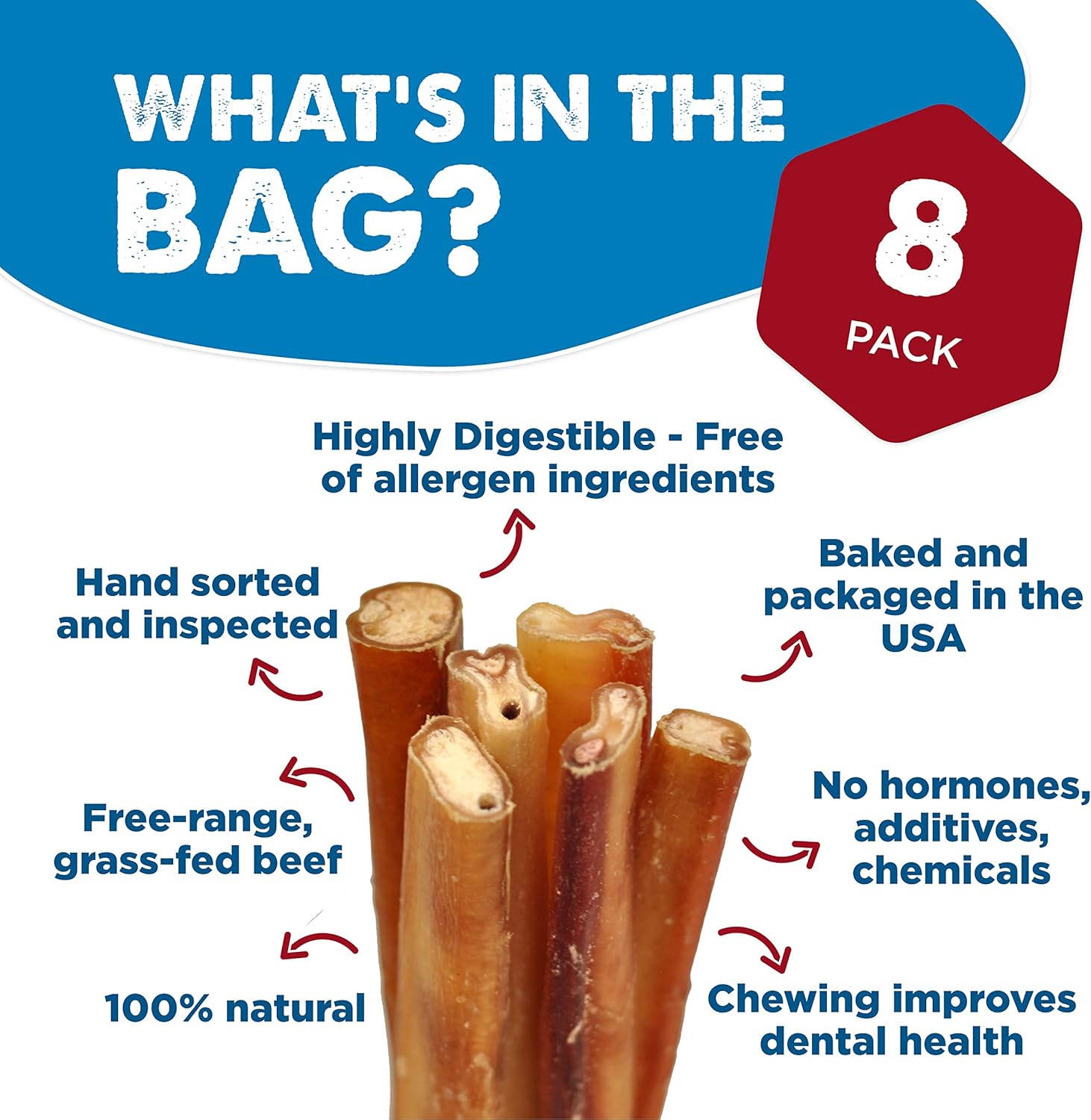 Best Bully Sticks Natural Jumbo Bully Sticks for Large Dogs - 12 Inch, 8 Count (Pack of 1) - 100% Free-Range Grass-Fed Beef, Single-Ingredient, Grain and Rawhide Free Long Lasting Dog Chews