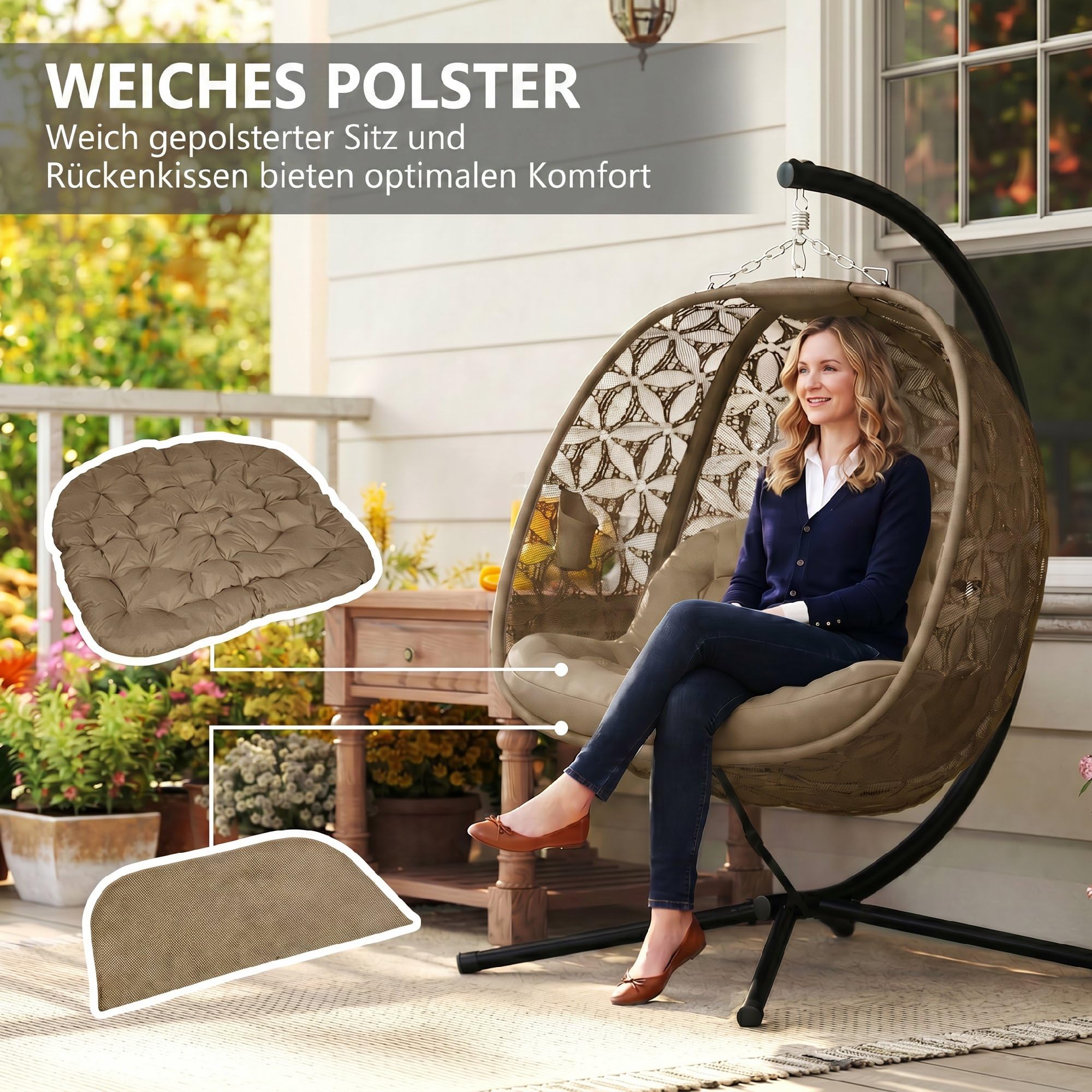 Outsunny Hängesessel mit Gestell für 2 Personen faltbar Hängekorb mit dick Kissen Getränkehaltern Sicherheitsgurt, XXL Eiförmiger Hängeschaukel bis 240 kg Schaukelsessel für Indoor Outdoor Garten Sand