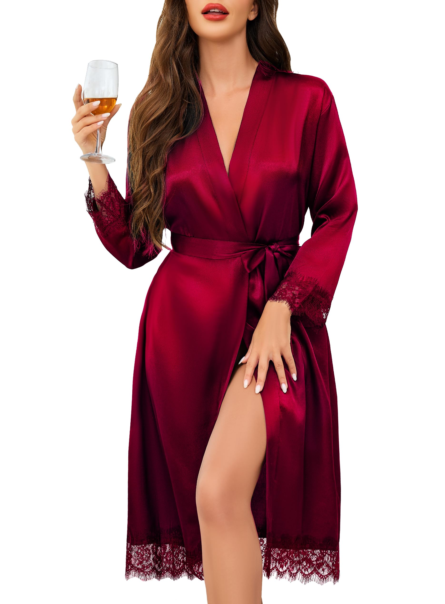 Lovasy Satin Bademantel Damen Lang Kimono Japanisch Morgenmantel für Damen Manschetten aus Spitze Braut Bademantel Hochzeit Party mit Gürtel