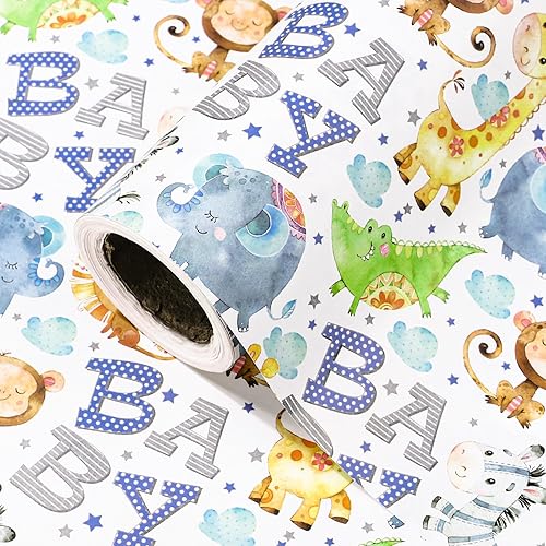 Miniatura 8 de WRAPAHOLIC Rollo de papel kraft para envolver regalos de baby shower - Rollo mini - 17 pulgadas x 16.5 pies - Papel de regalo con animales del