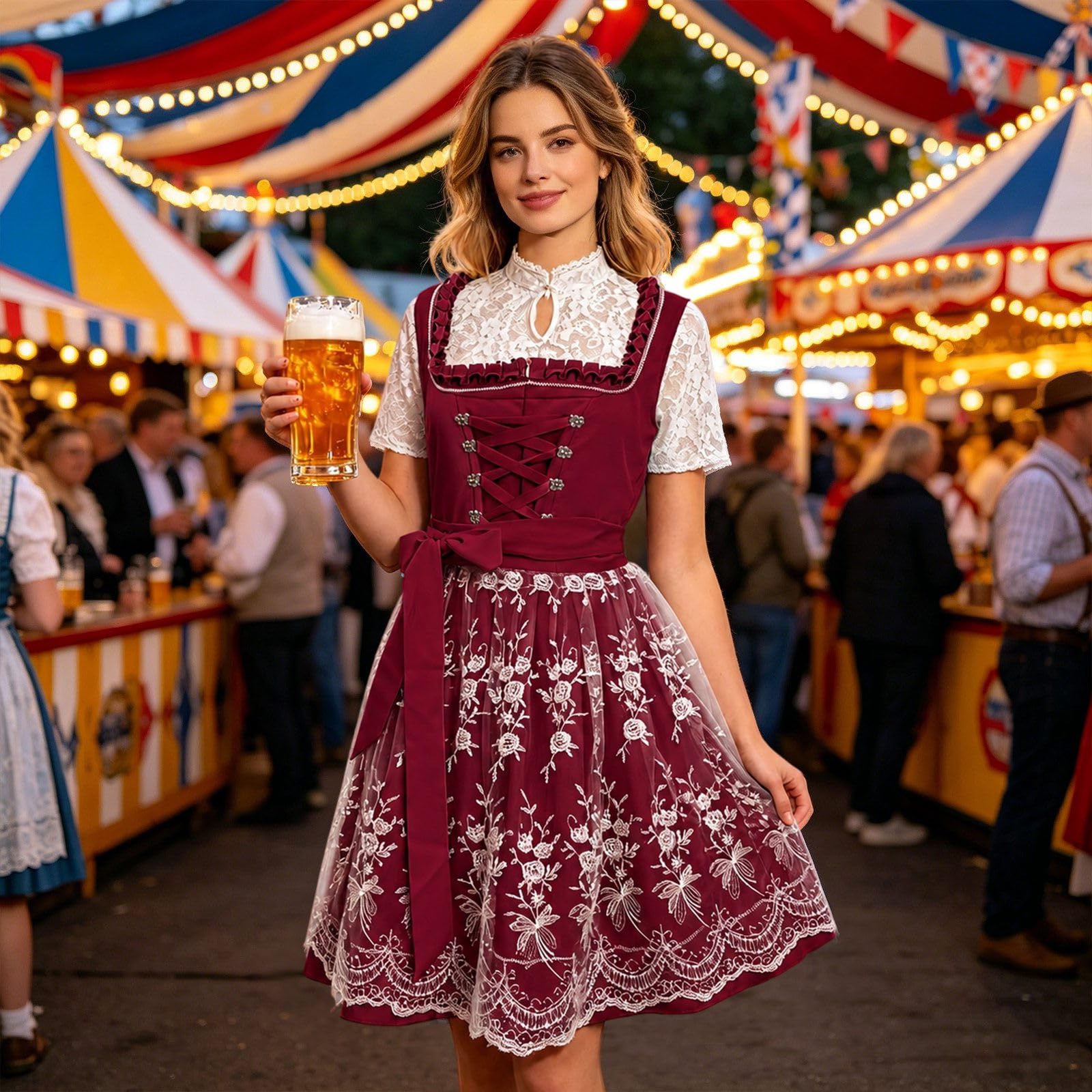 Dirndl Damen Midi Set 3 Teilig Oktoberfest Outfit Dirndlkleid inkl. Trachtenkleid Dirndlbluse Dirndlschürze Elegant Schlicht Spitze Trachten Kleid für Karneval Volksfeste