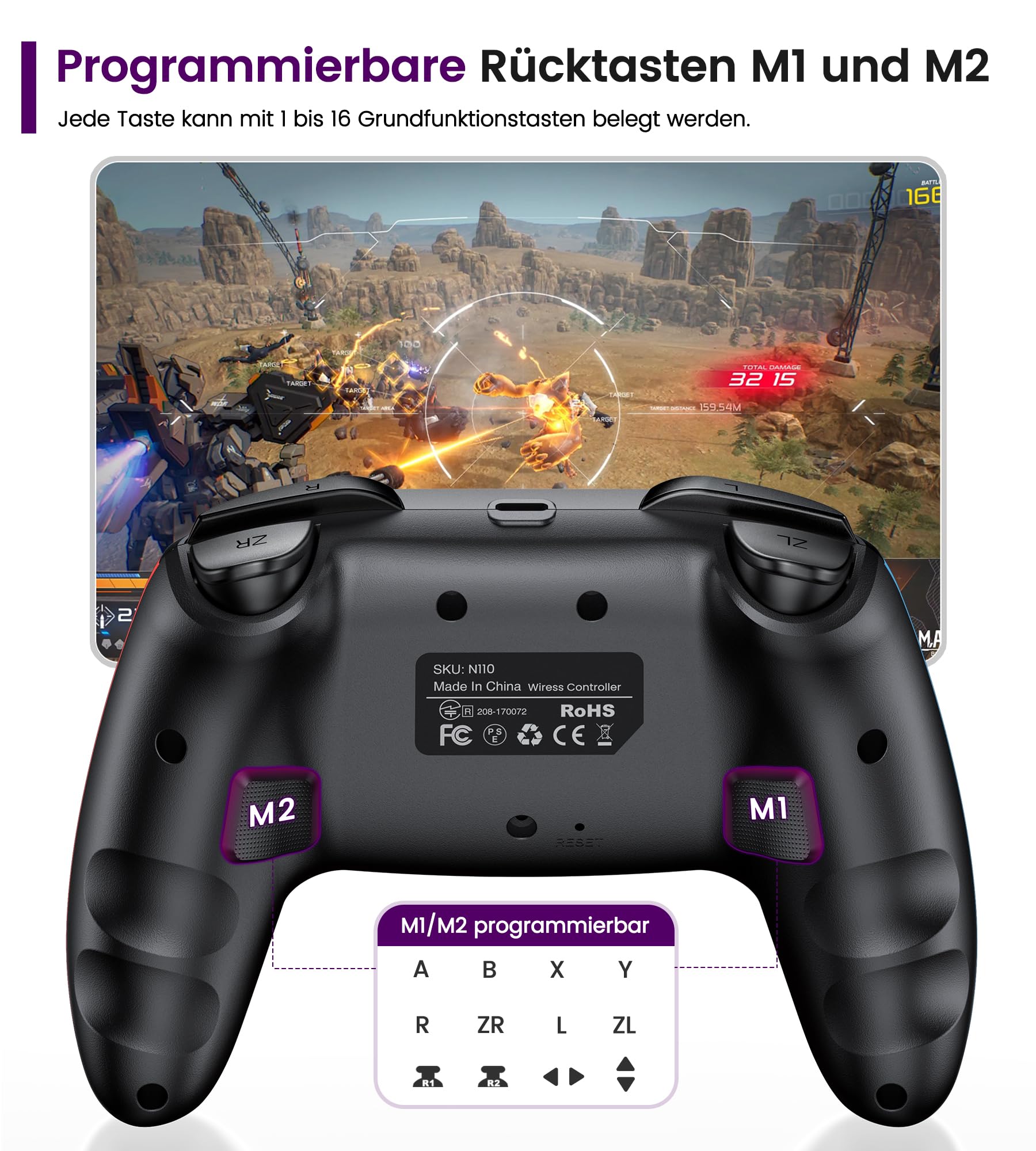 BEBONCOOL HOTS Switch Controller,Pro Controller für Switch 2/Switch 1/Lite/OLED–Aufwachfunktion/Wireless/Programmierbar/Turbo/Dual Vibration/15 Std Spieldauer,Ergonomisch Grün-Violett