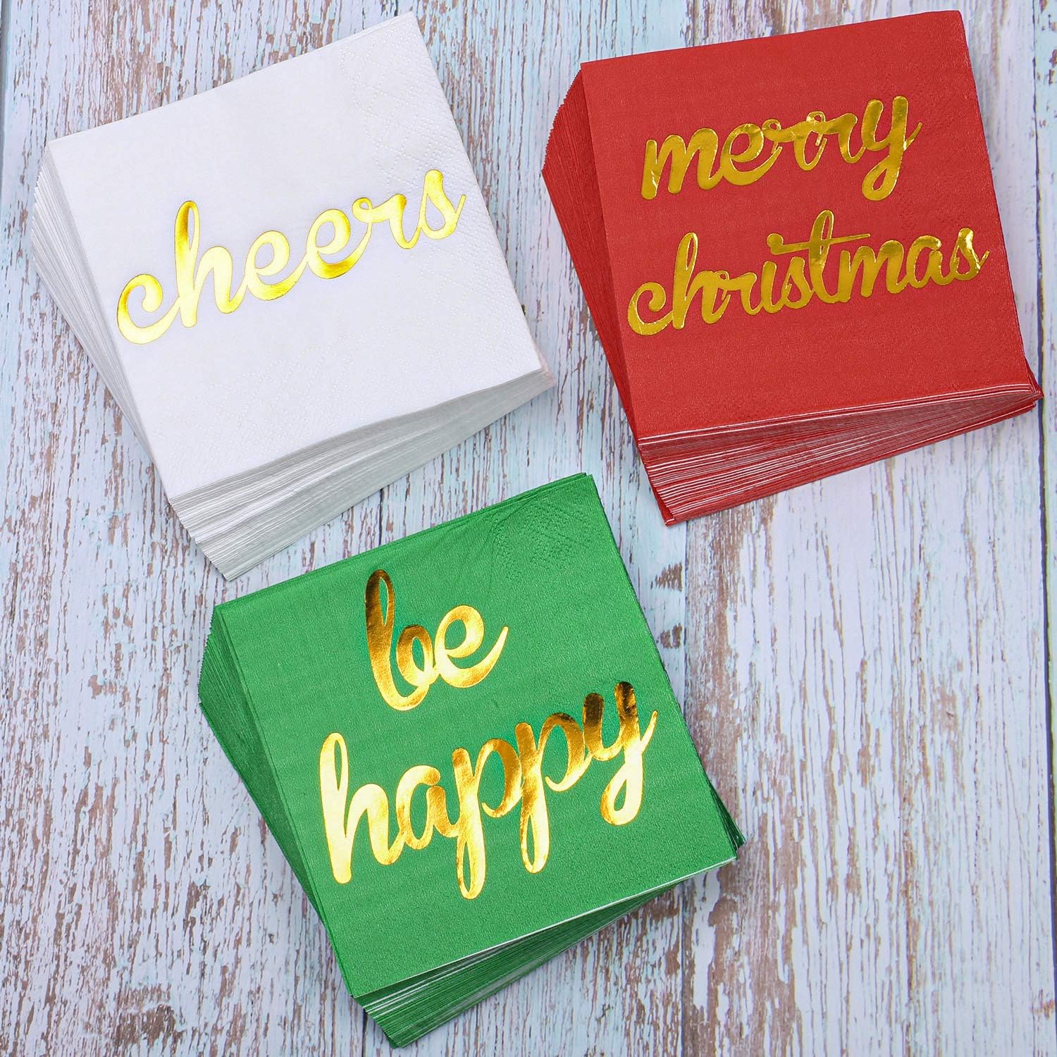  | Aneco 120 Pack Christmas Cocktail Napkins with Gold Foil Design Beverage Cocktail Napkins Red, Green and White Paper Napkins for Christmas Holidays Dinner Party Supplies with 2 Layers, 5 by 5 Inches: Cocktail Napkins