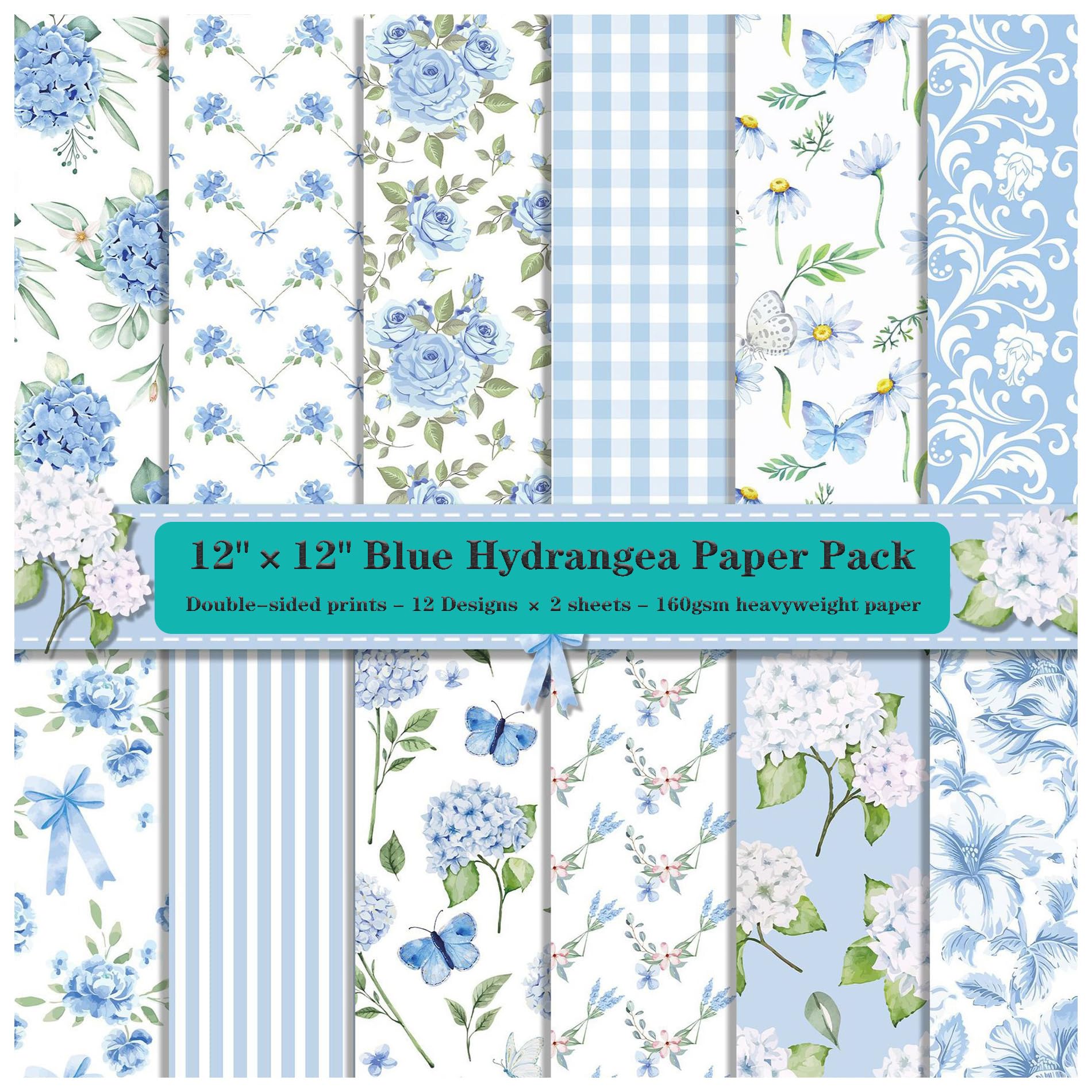 Papier do scrapbookingu, 12"x12", 24 arkusze dwustronnego papieru kartonowego, 160 g/m2, papier dekoracyjny o dużej gramaturze do dekoracji albumów ze zdjęciami - 12 wzorów
