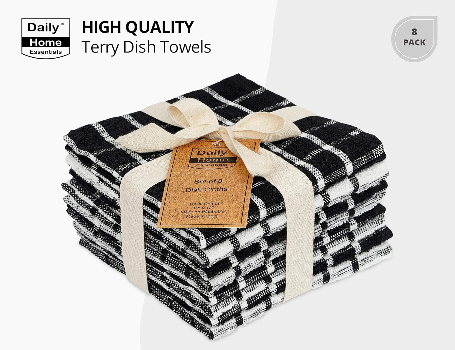 DAILY HOME ESSENTIALS - 8 Pack Cotton Terry Dish Cloth Set (12 x 12 inch - Black, Checked Design) | Quick Dry Kitchen Rag | Absorbent Cafe, Bar & Restaurant Cleaning WashCloth