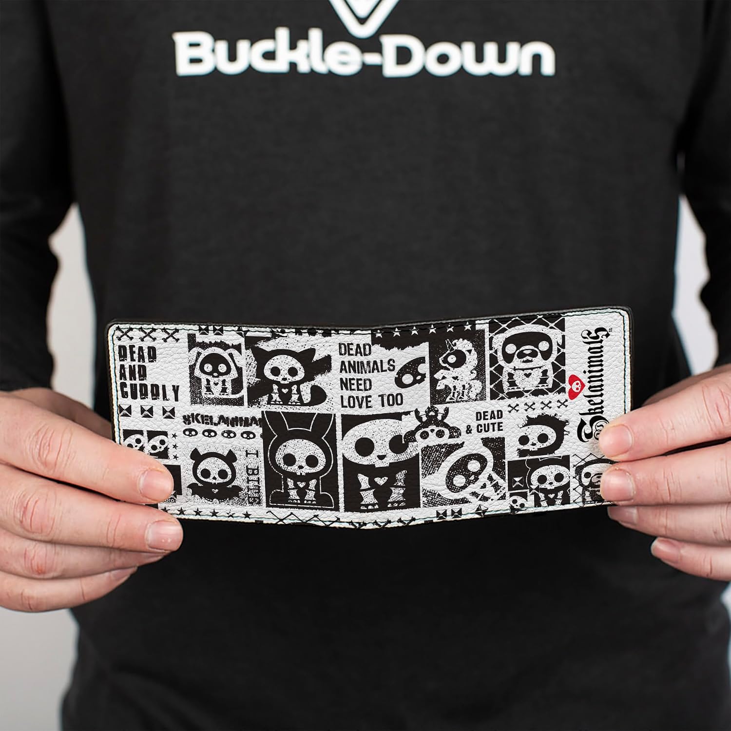 Buckle-Down Skelanimals Wallet, Bifold, Skelanimals Dead Animals Quotes Collage and Logo White Black, Vegan Leather