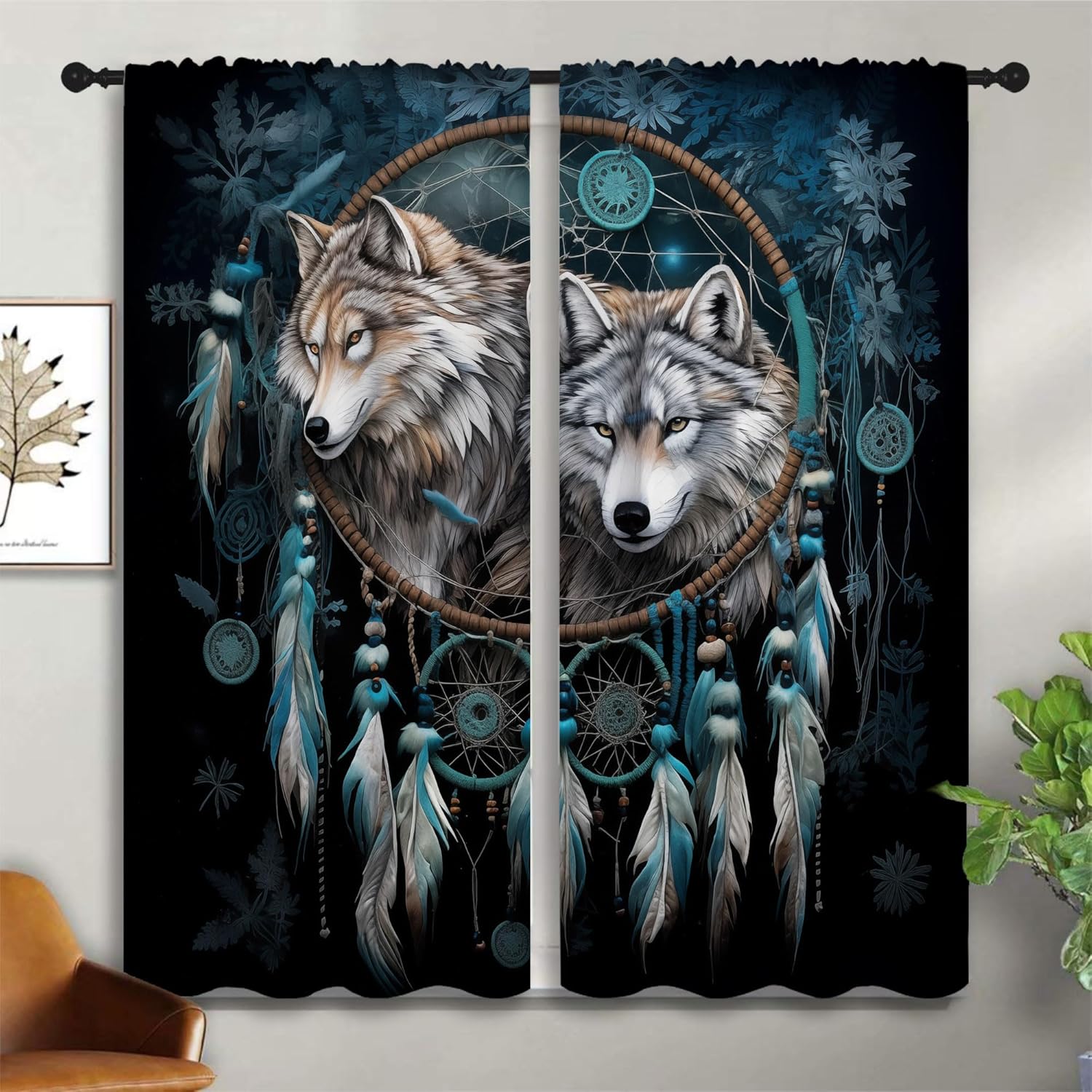 Wolf Dream Catcher Rod Pocket Blackout Curtains for Boy Girl Bedroom, Bohemian Ethnic Style Jungle Blue Wildlife Home Energy Efficient Light Filtering Window Curtain for Living Room, 42x45 inch