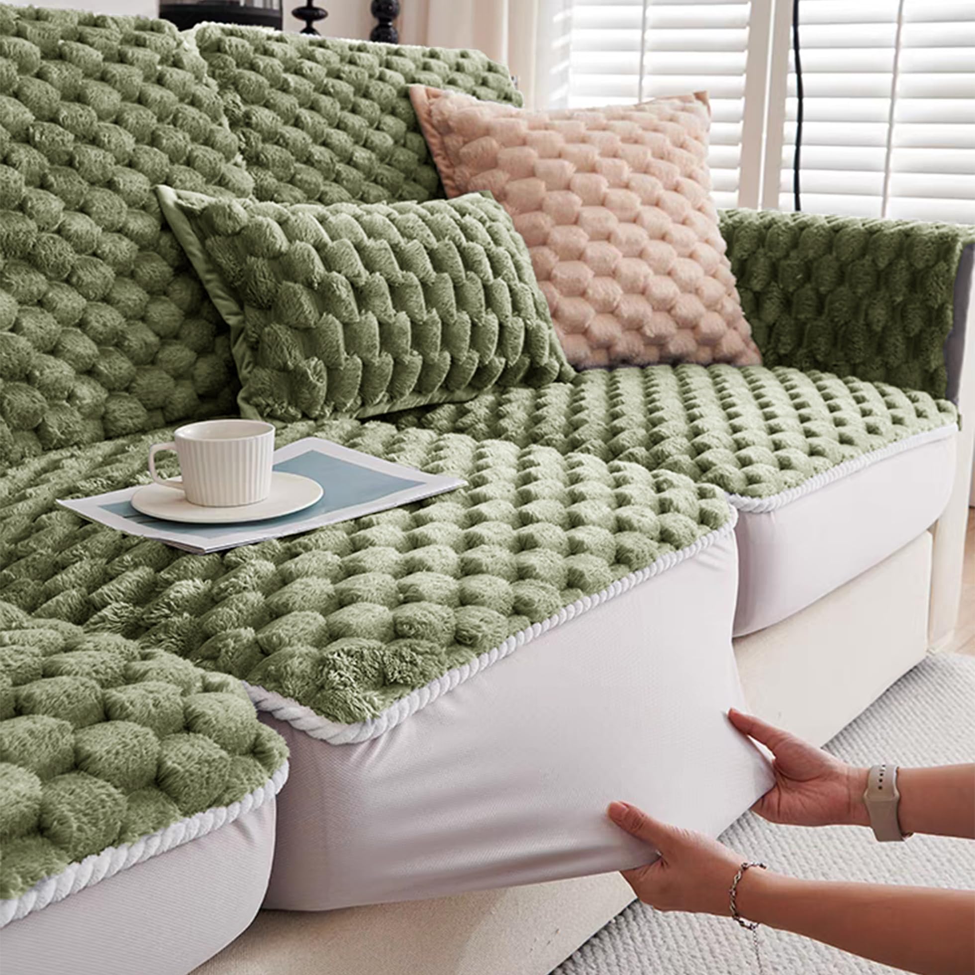 SYLC Thick Rabbit Plush Sofa Cushion Cover, Non-slip Sofa Seat Cushion Covers with Elastic Bands, Couch Cushion Cover Replacement for Individual Cushion (Olive green,60 × 180 cm)