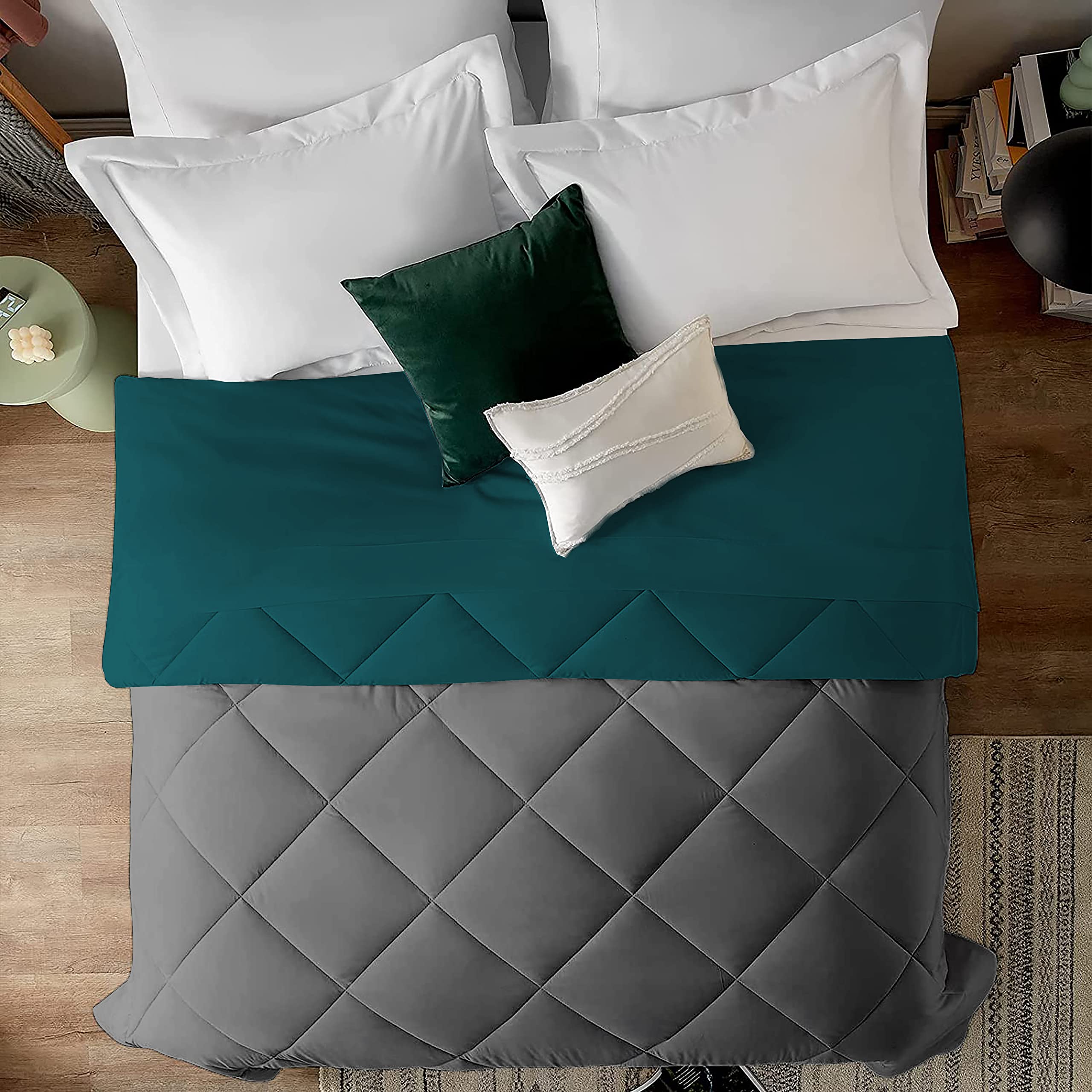 Filbert - All Season Quilted King Size Reversible Comforters Diamond Stitch Duvet Insert | 300 GSM Machine Washable King Size (90"x104") Inch Bedding Comforter - Teal/Dark Grey-picture-15