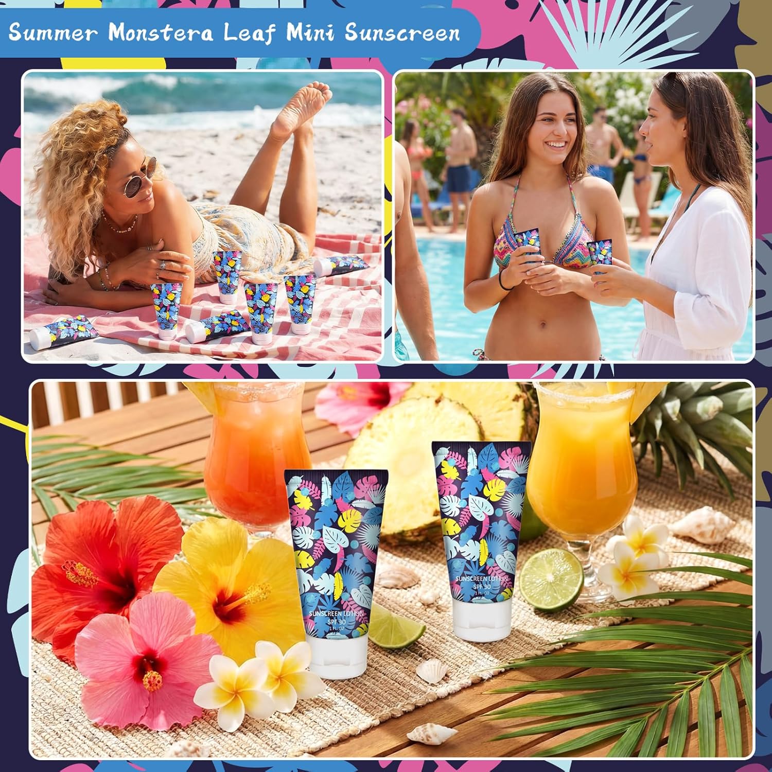 Loopeer 30 Pcs Mini Sunscreen Bulk Travel Size 1 oz Spf 30 Water Resistant Mini Sunscreen Lotion Hawaiian Tropical Leaves Summer Beach Party Favors Gifts for Summer Hawaiian Party Adult(Classic)