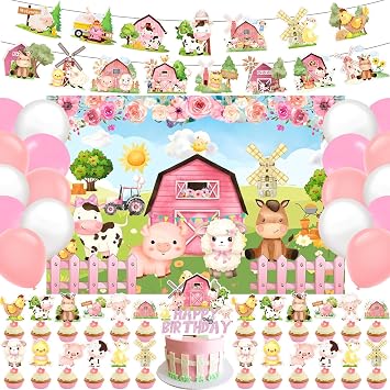 59 Pcs Pink Farm Animals Birthday Supplies, Barnyard Themed Party Decoration Backdrop Balloons Cake Cupcake Topper for Barn Animals Party Decor