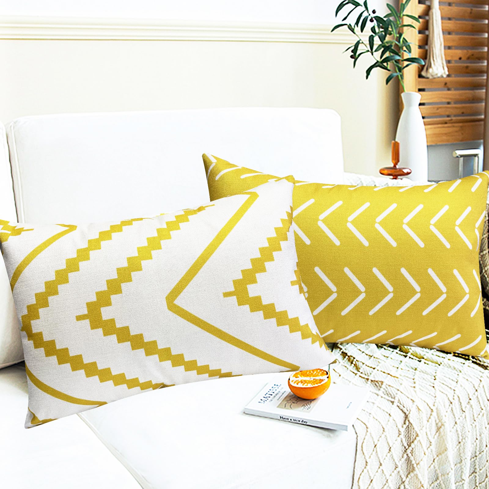 CCYKXA Lot De 4 Housses De Coussin Décoratives Jaune Et Gris 18 X 18 En Lin Géométrique 45 X 45 Cm, Taies D'oreiller Carrées Pour Meubles D'extérieur, Jardin, Salon, Canapé, Décoration De Ferme