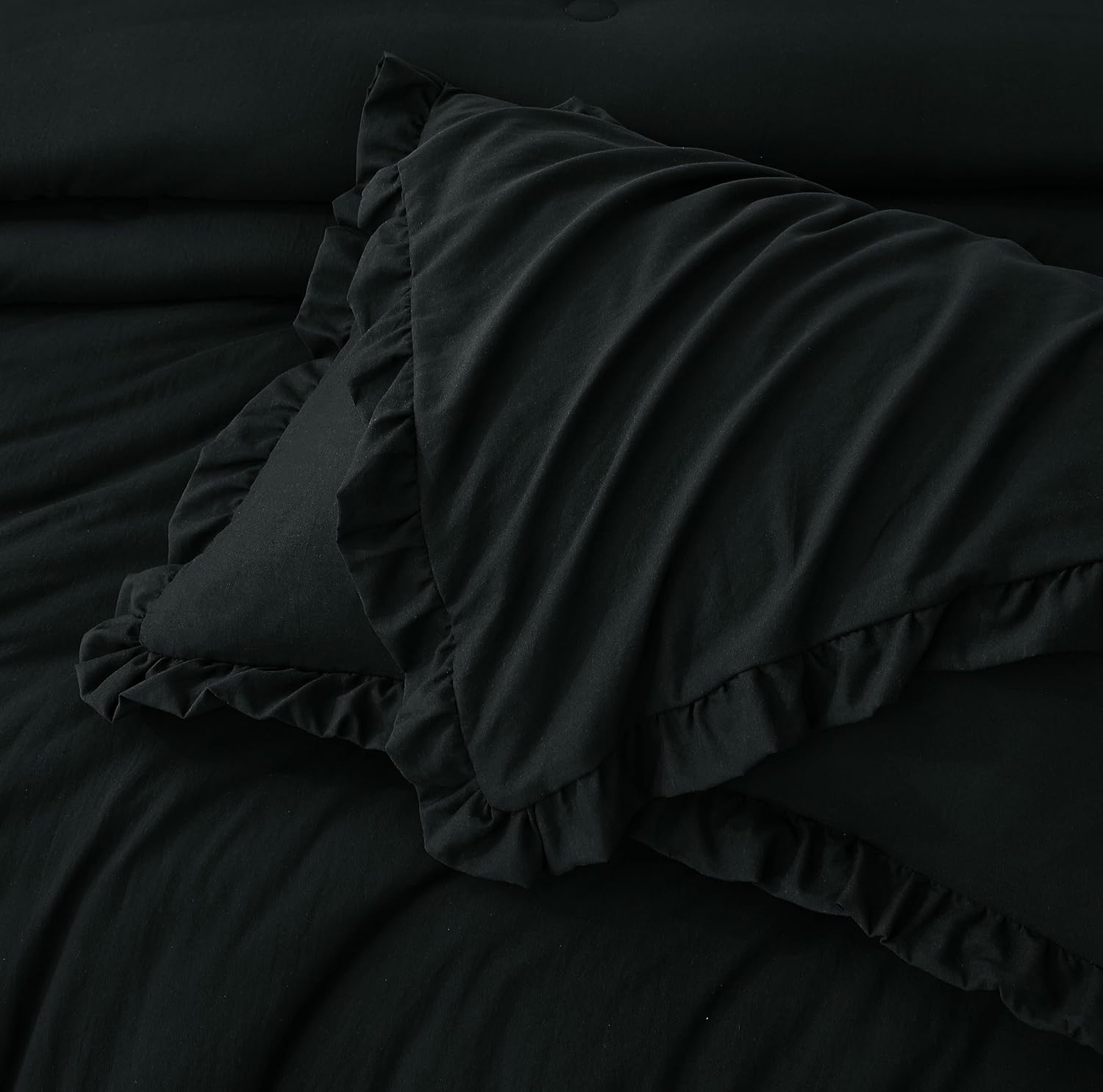 Chezmoi Collection Nora Black Comforter Set Ovesized King 3-Piece Fluffy Soft Stone-Washed Ruffled Shabby Chic Bedding for All Season
