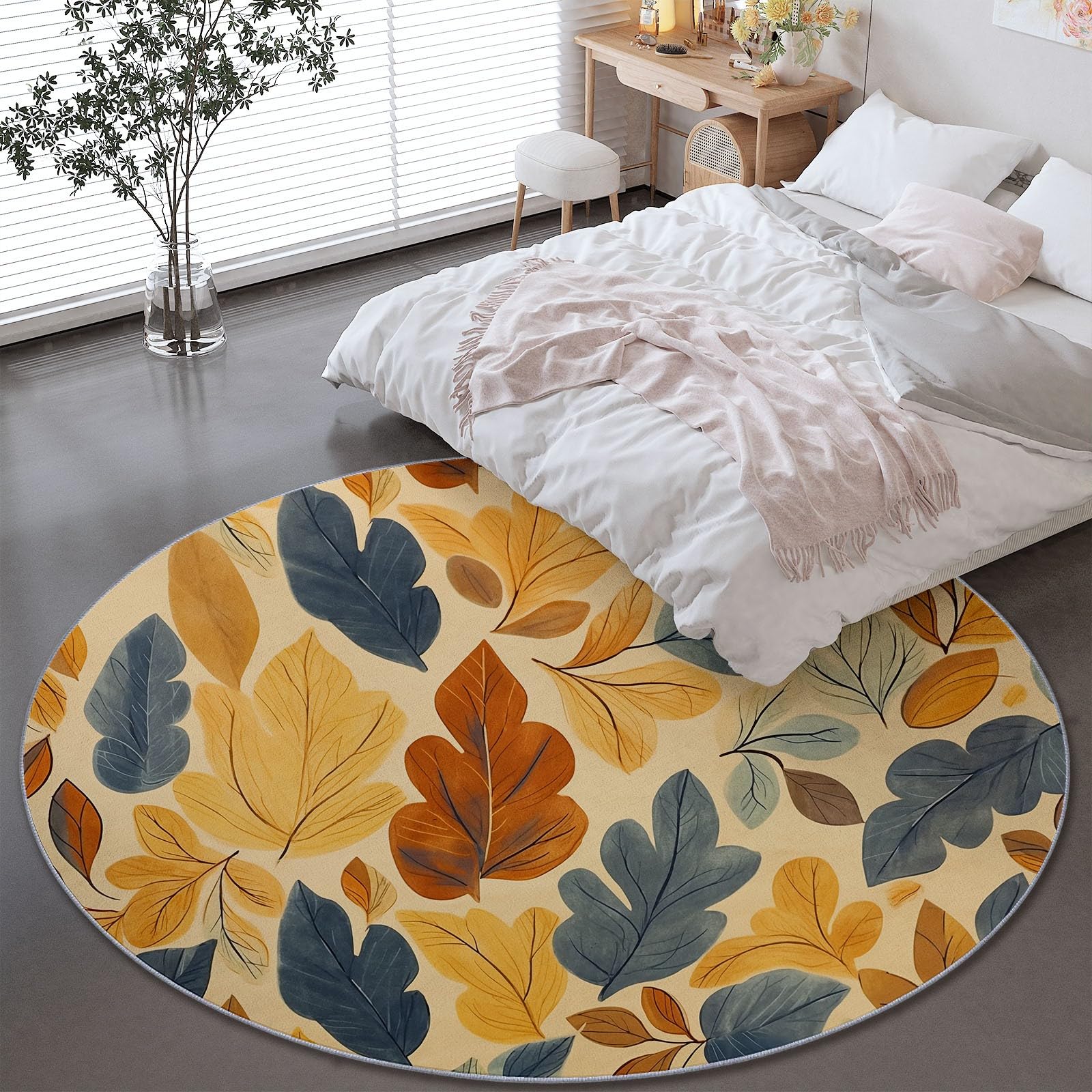 Teppich Rund 120 cm, Mehrfarbig Weich und Flauschig Teppich, Gegend Kreis rutschfest Waschbar Exquisit Gestreift Blatt Bedruckt Bodenteppich für Wohnzimmer Schlafzimmer